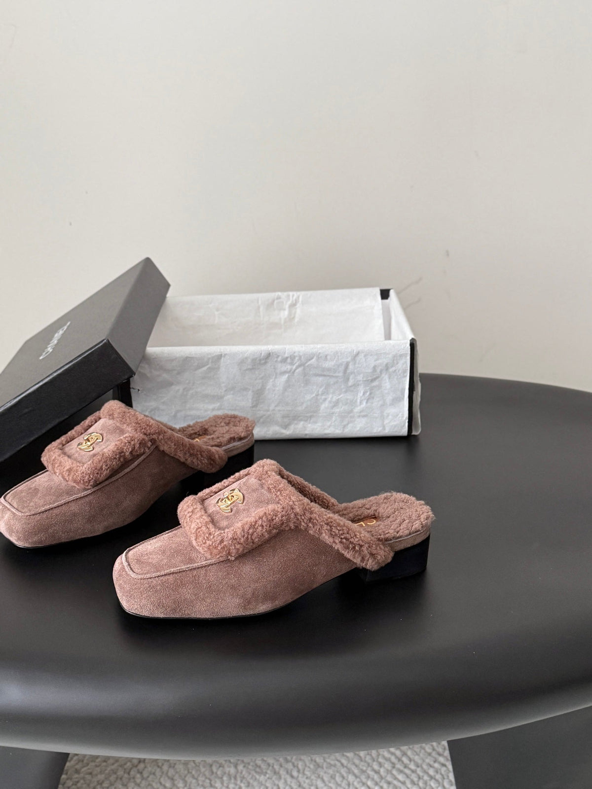 CC 26s Shearling Trim Suede Mules Khaki Gold 127802