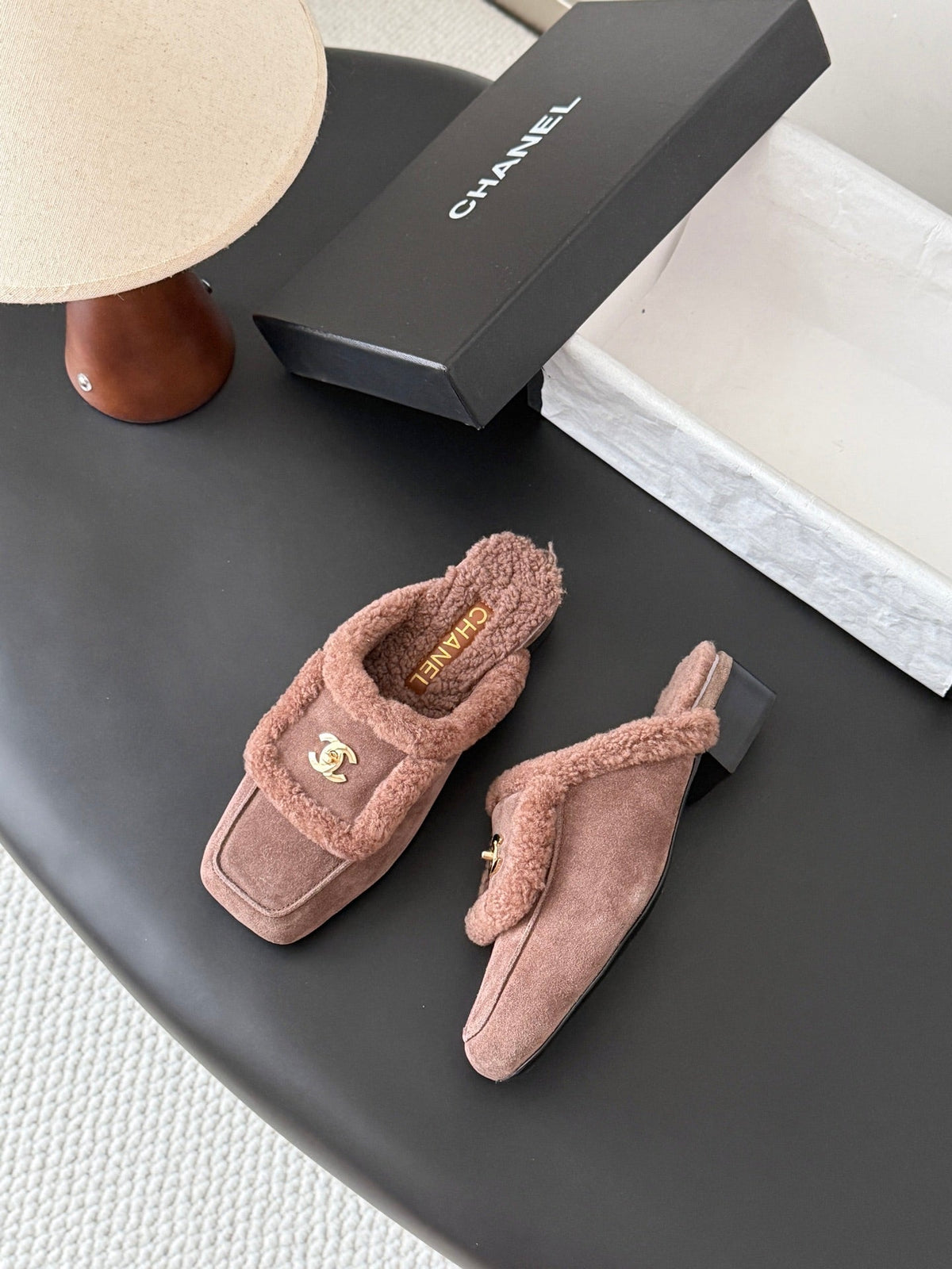 CC 26s Shearling Trim Suede Mules Khaki Gold 127802