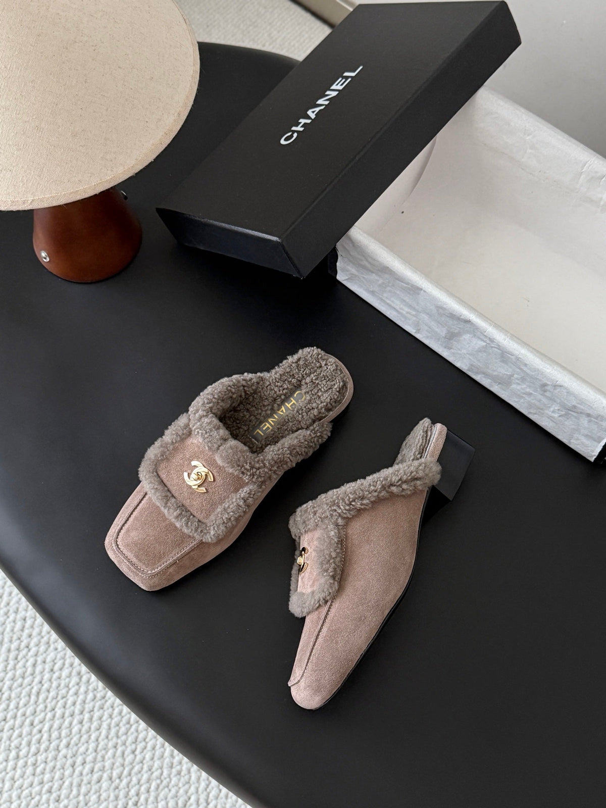 CC 26s Shearling Trim Suede Mules Grey Gold 127803