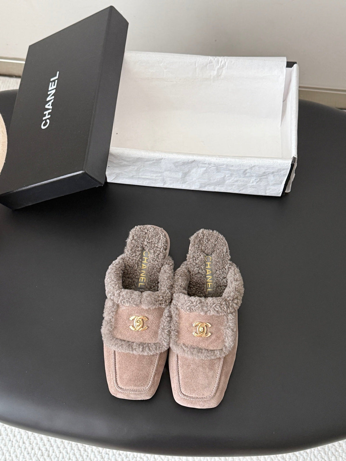 CC 26s Shearling Trim Suede Mules Grey Gold 127803