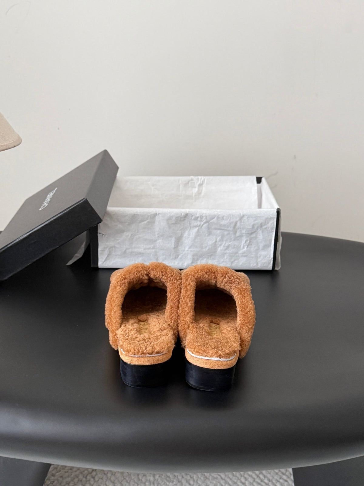 CC 26s Shearling Trim Suede Mules Brown Gold 127804