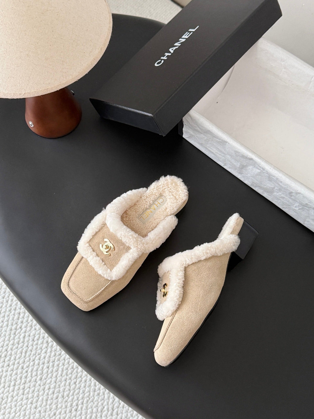 CC 26s Shearling Trim Suede Mules Beige Gold 127805