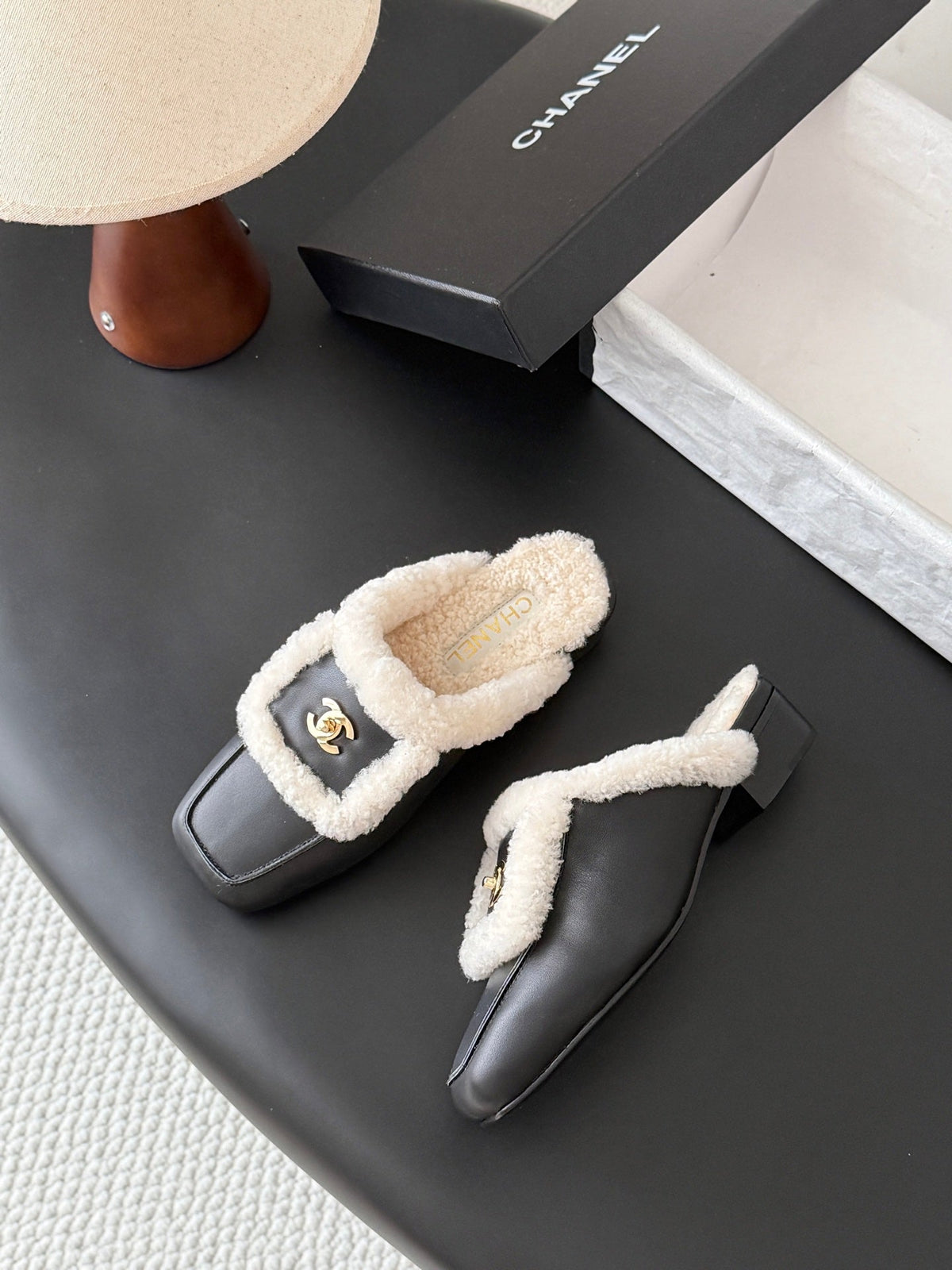 CC 26s Shearling Trim Leather Mules Black Gold 127806
