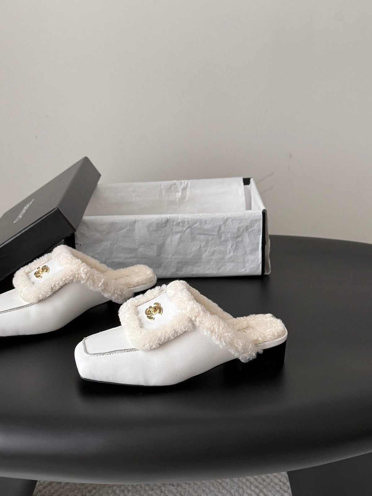 CC 26s Shearling Trim Leather Mules White Gold 127807