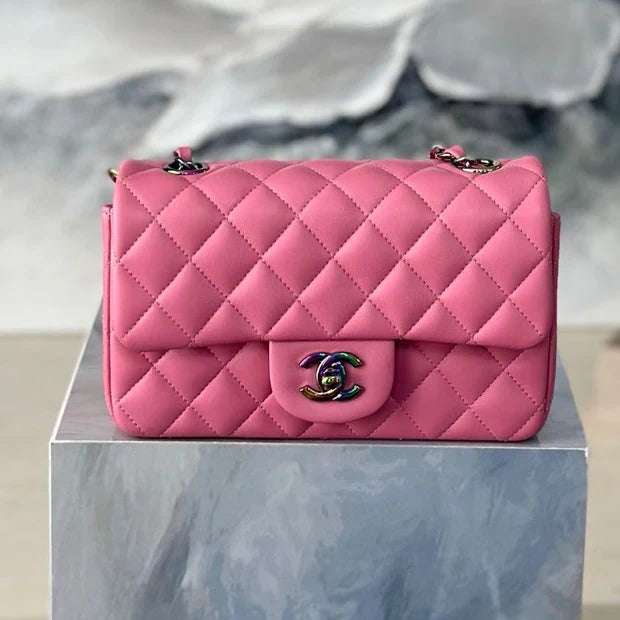 Chanel 2026 Flap Bag 20cm Pink Quilted Leather Rainbow Buckle