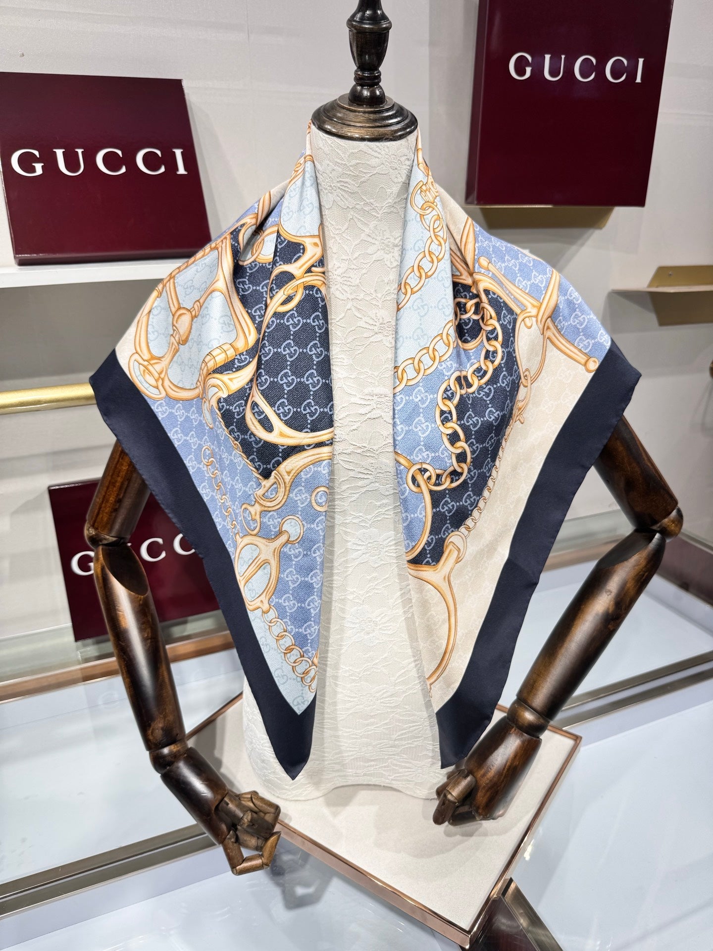 GG Horsebit Scarf 90x90 Black Blue Colorful Silk Twill 204000
