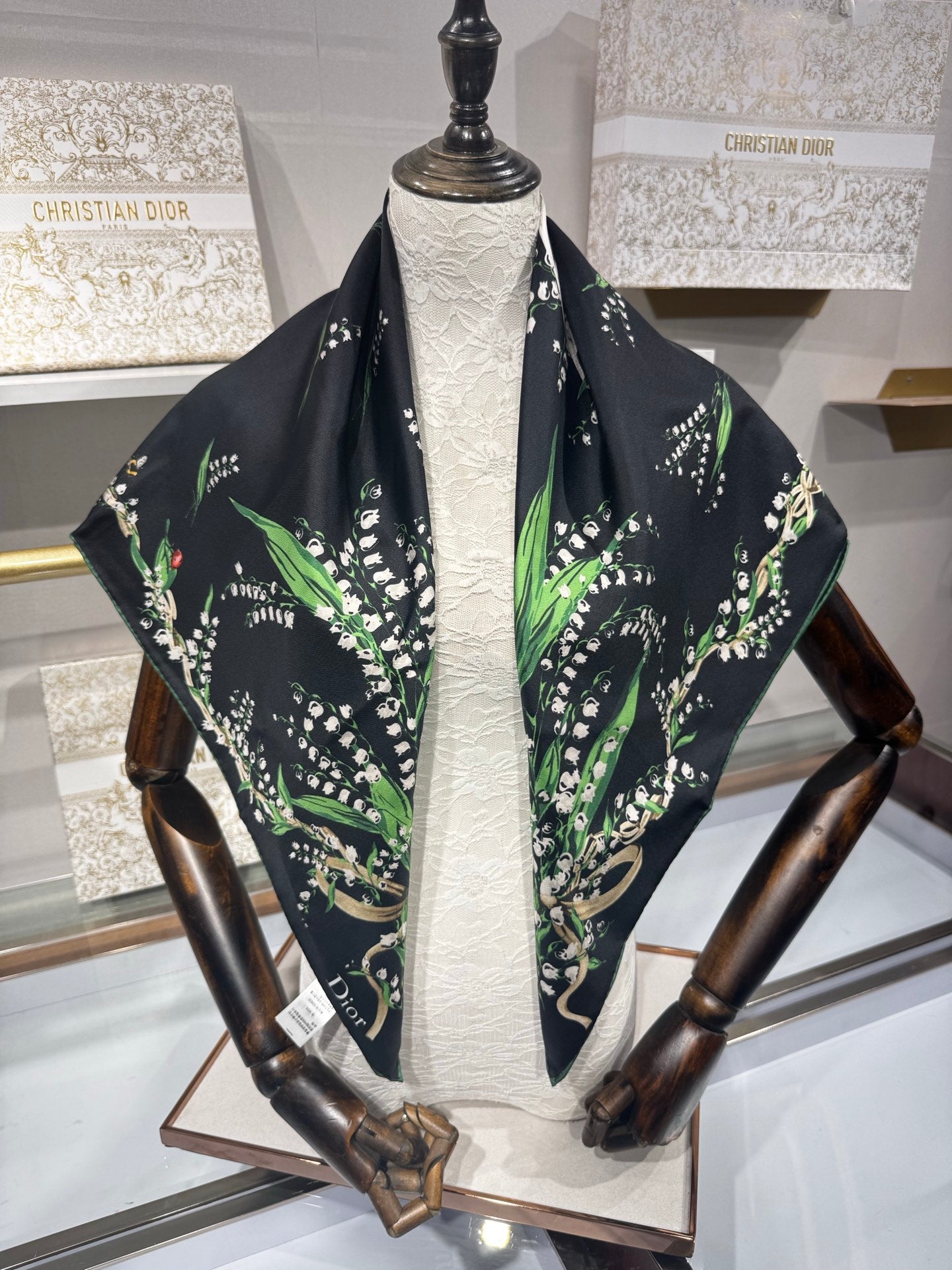 CD Lily Of The Valley Scarf 90x90cm Black Silk Twill 209861