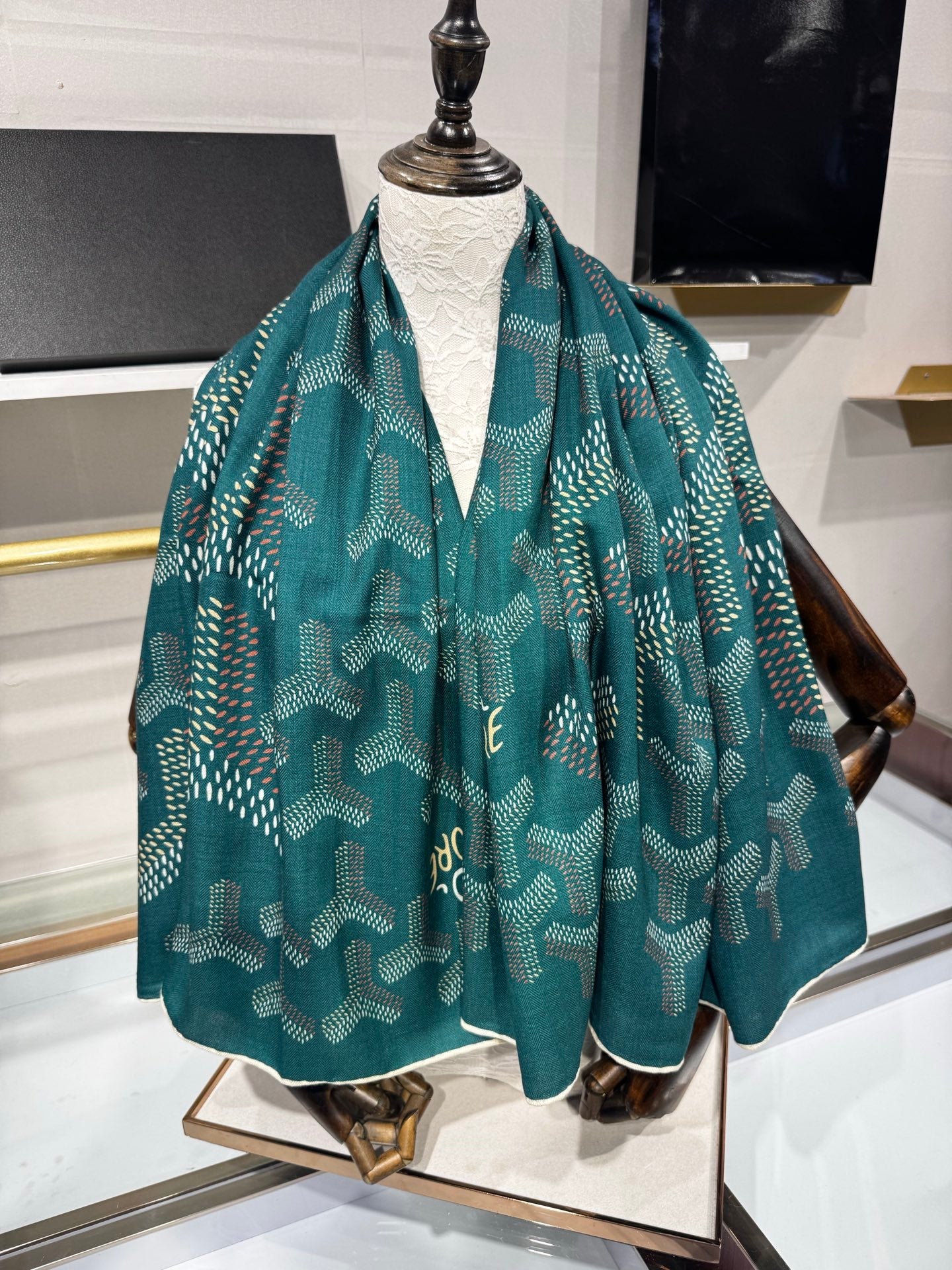 Goyard Shawl Scarf 140x140cm Teal Green Twill Silk 209993