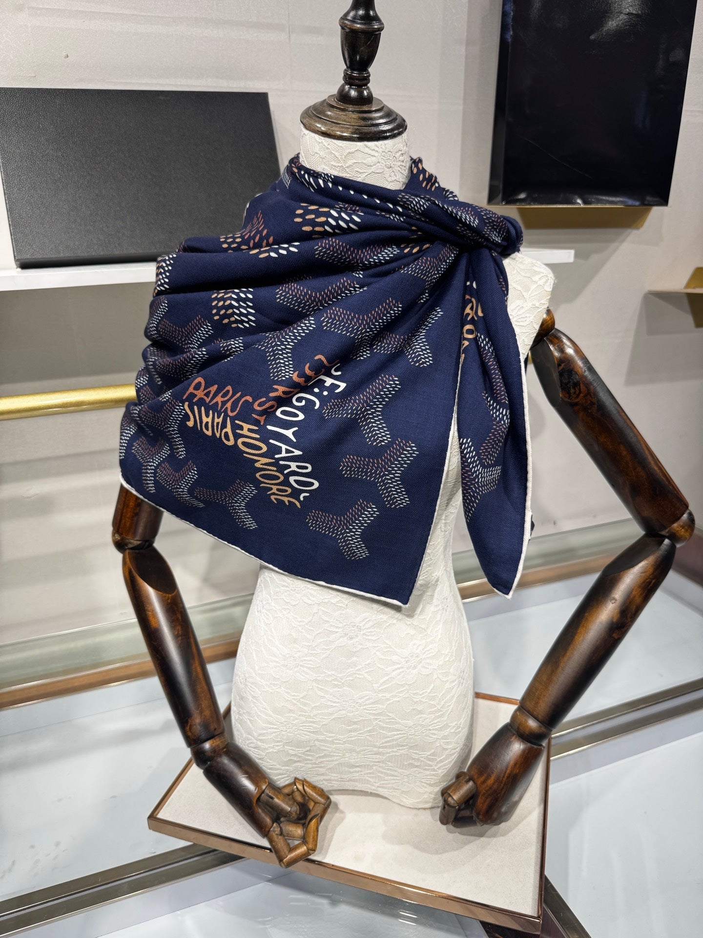 Goyard Shawl Scarf 140x140cm Navy Blue Twill Silk 209997