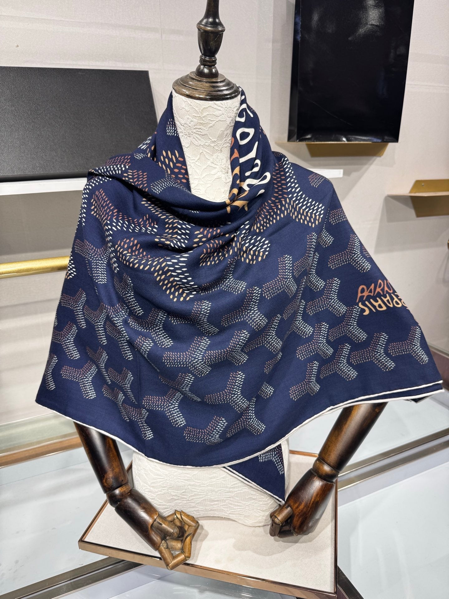 Goyard Shawl Scarf 140x140cm Navy Blue Twill Silk 209997