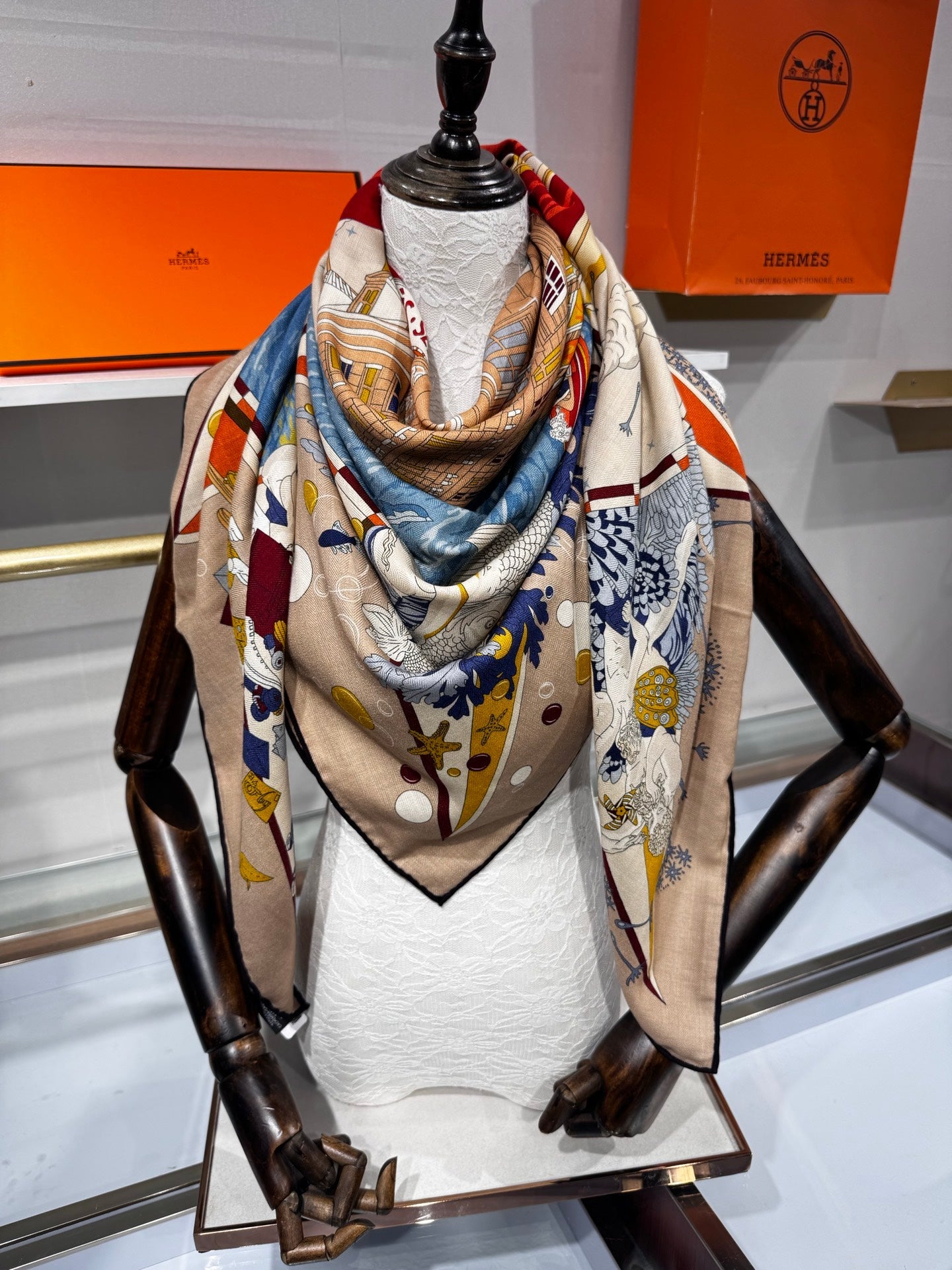 Hermès Flagship Shawl 140x140cm Khaki Colorful Cashmere Silk 212379
