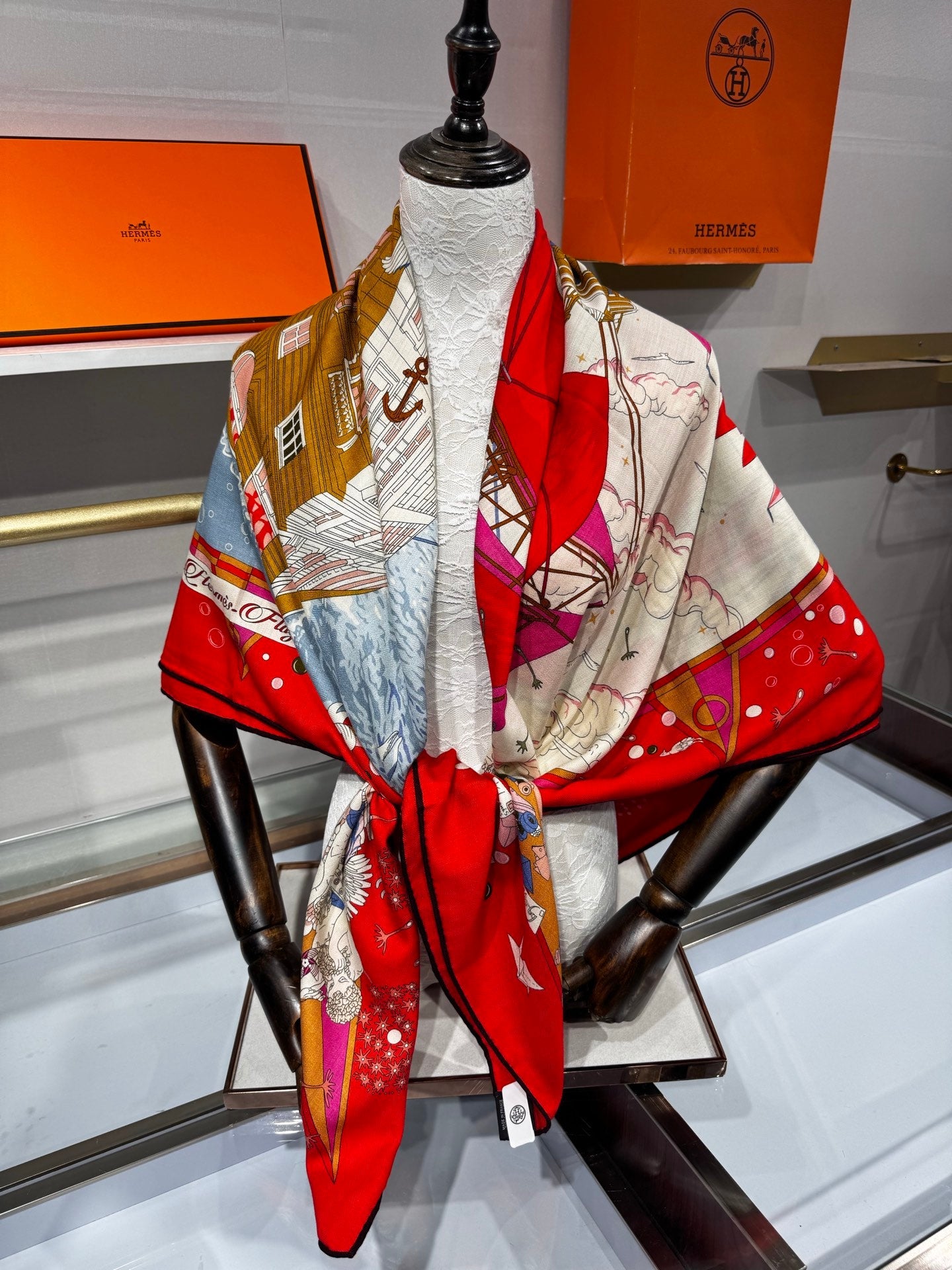 Hermès Flagship Shawl 140x140cm Red Colorful Cashmere Silk 212381