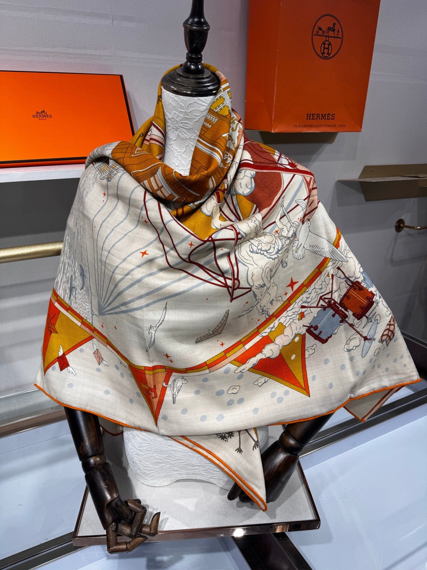 Hermès Flagship Shawl 140x140cm Brown Colorful Cashmere Silk 212385