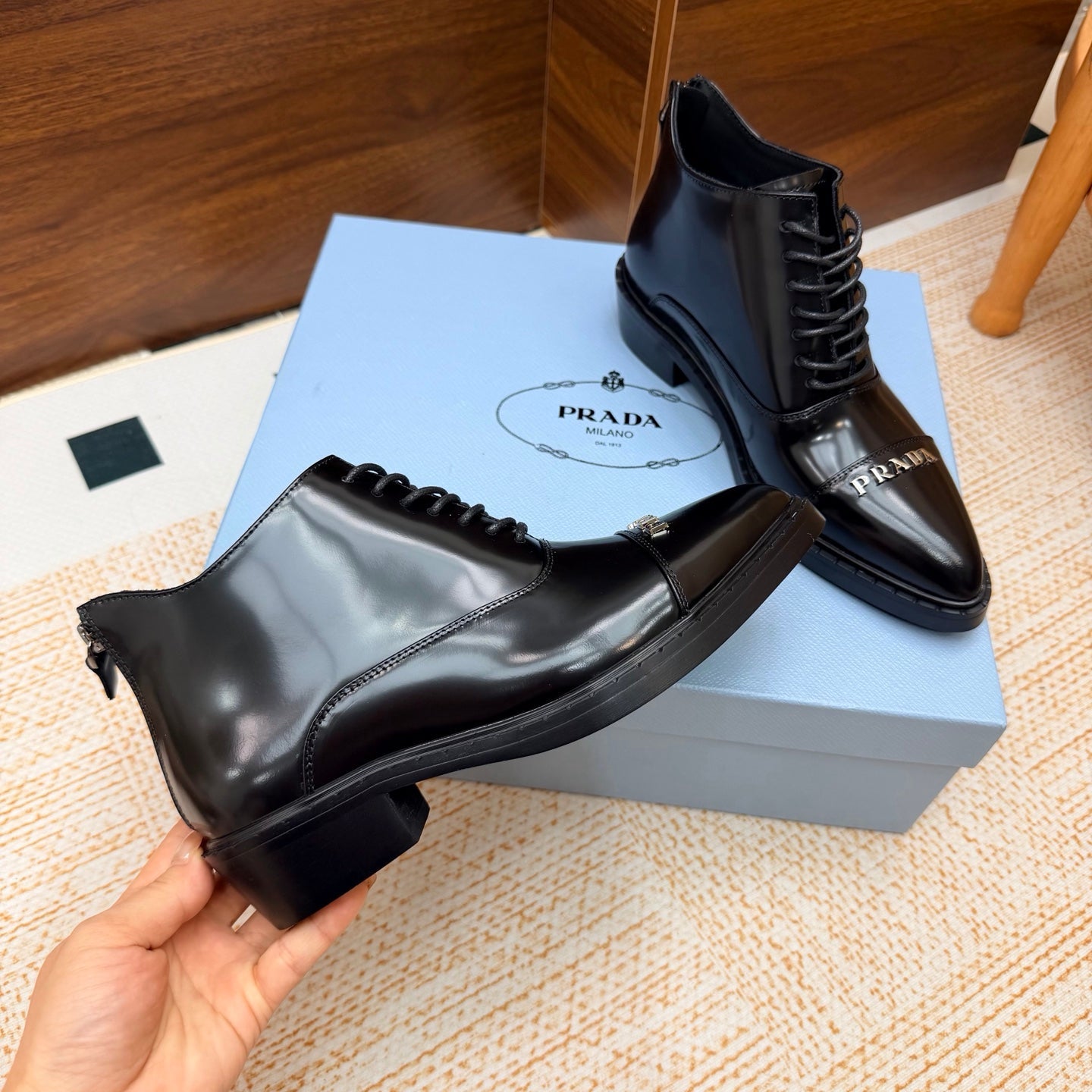 Prada 26s Pointed-Toe Derby Shoes Black Patent Leather 974552