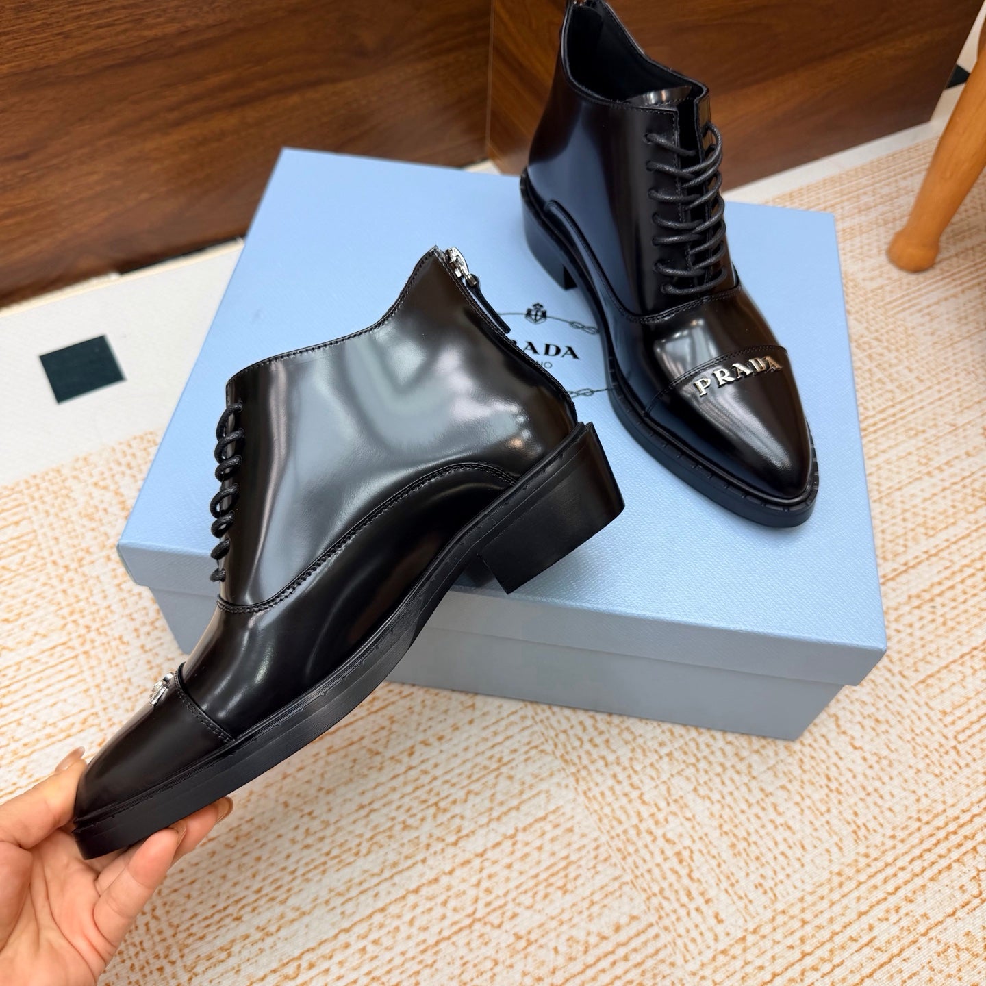 Prada 26s Pointed-Toe Derby Shoes Black Patent Leather 974552