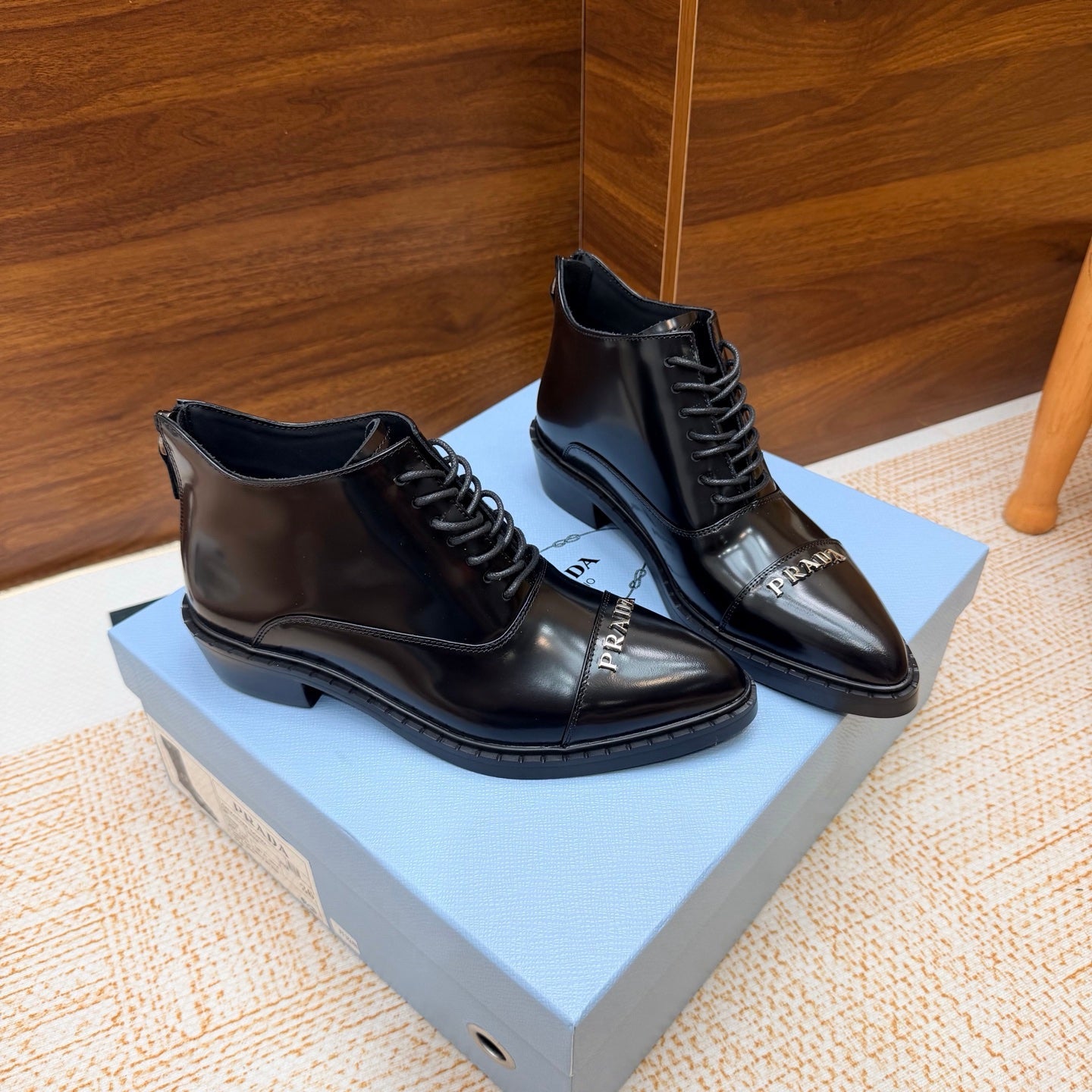 Prada 26s Pointed-Toe Derby Shoes Black Patent Leather 974552
