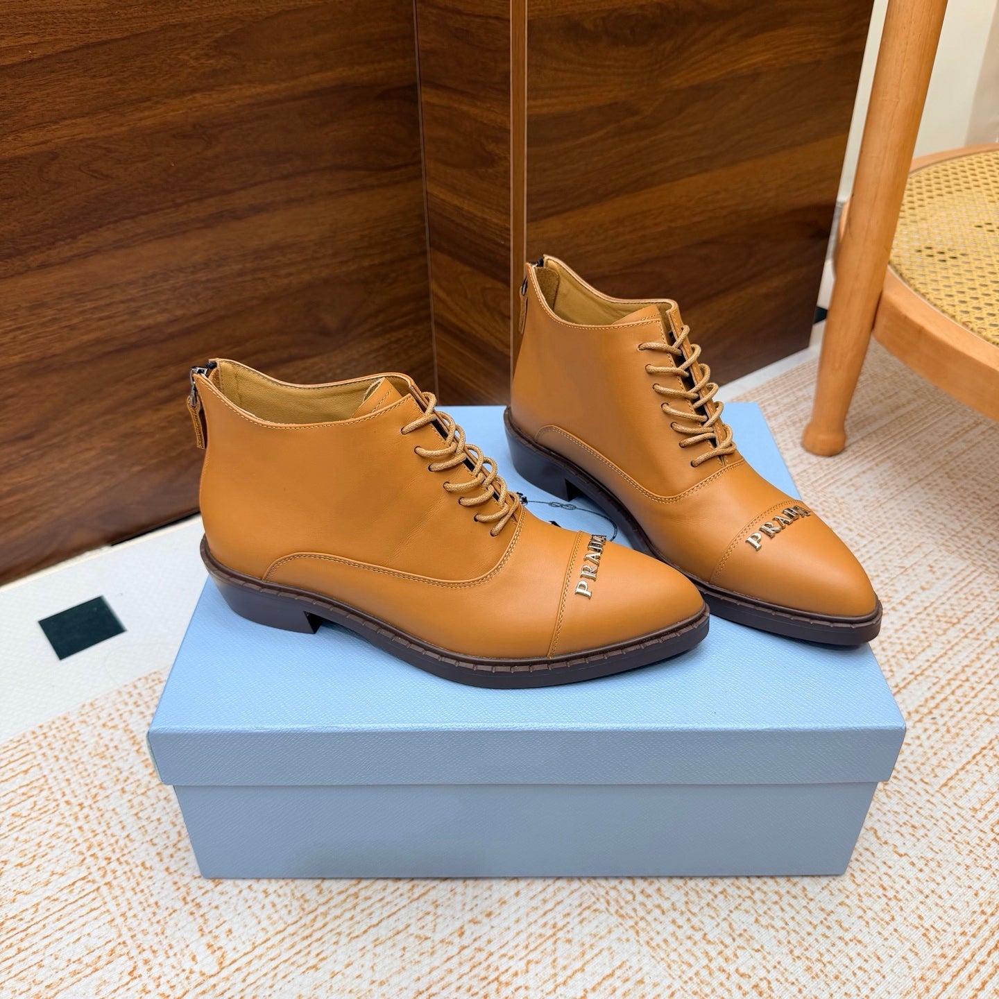 Prada 26s Pointed-Toe Derby Shoes Camel Leather 974553