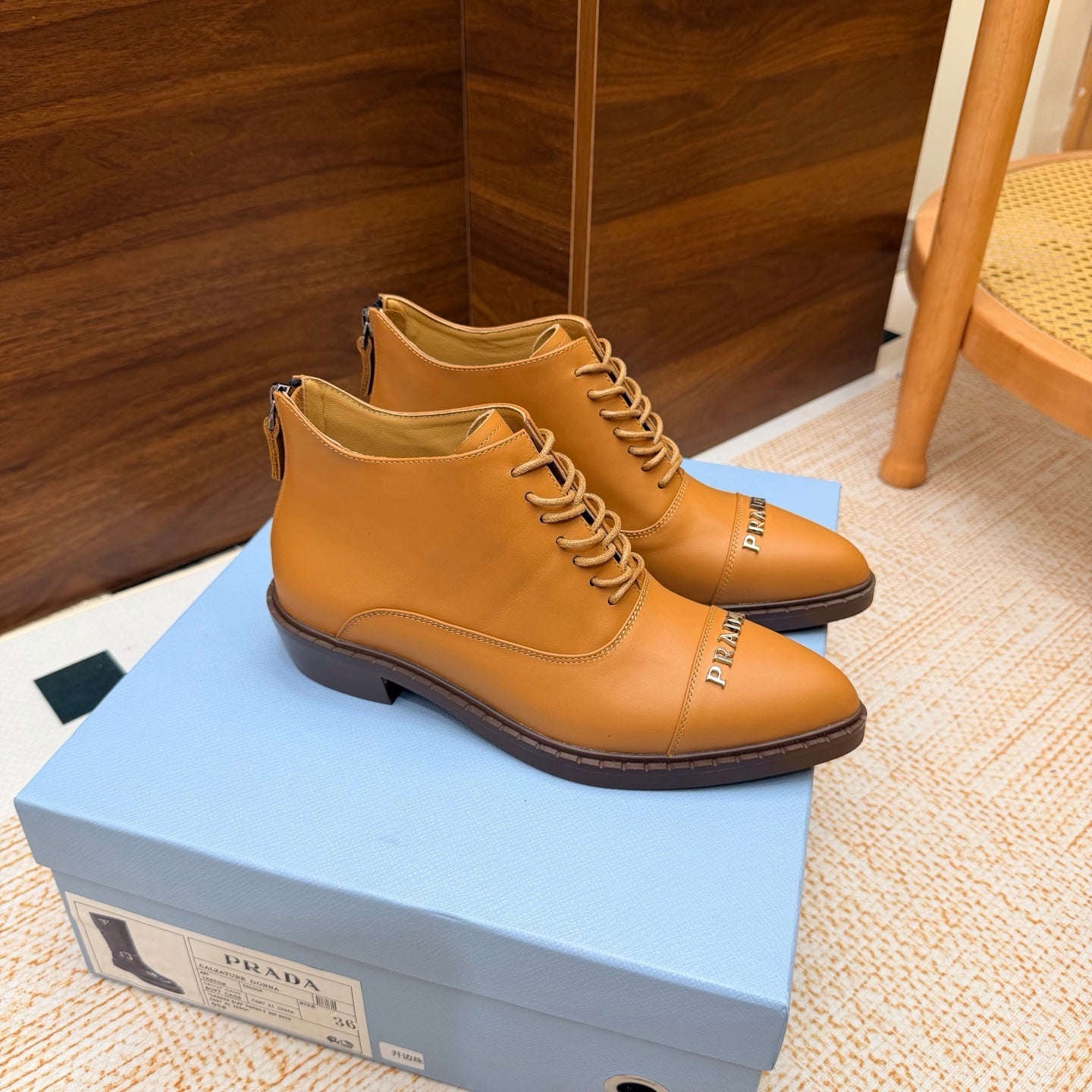 Prada 26s Pointed-Toe Derby Shoes Camel Leather 974553