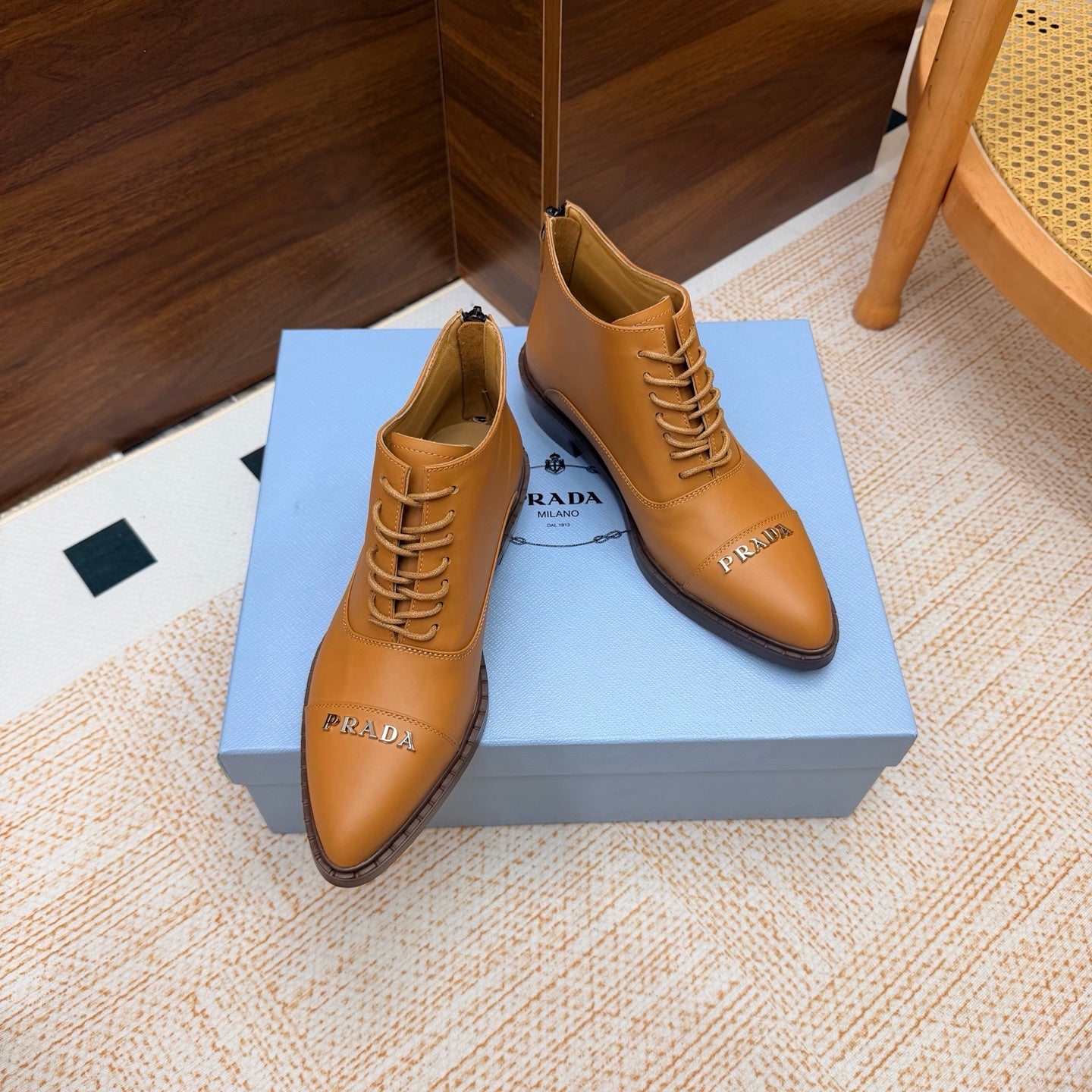 Prada 26s Pointed-Toe Derby Shoes Camel Leather 974553