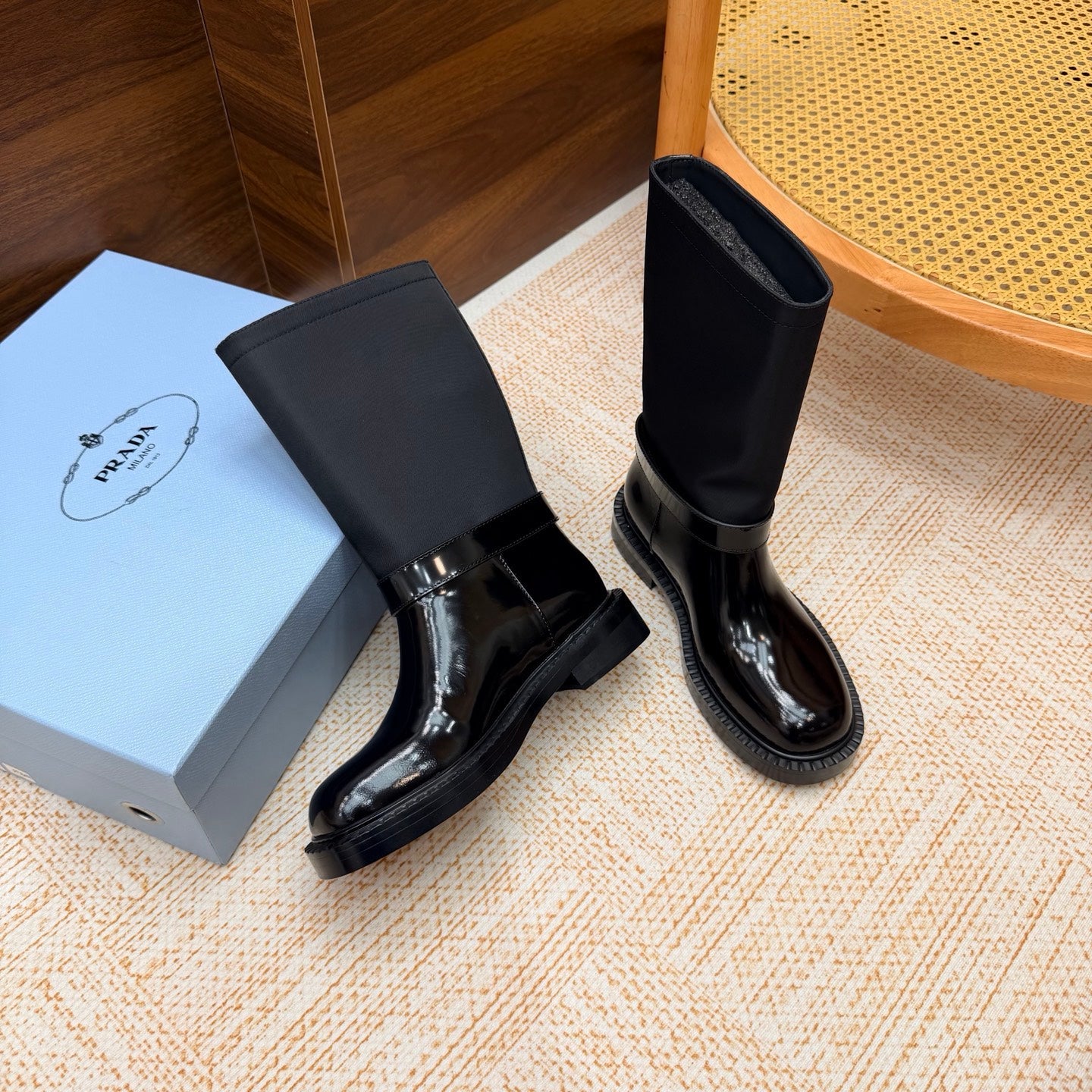 Prada 26s Ankle Riding Boots Black Re-Nylon Leather 974555