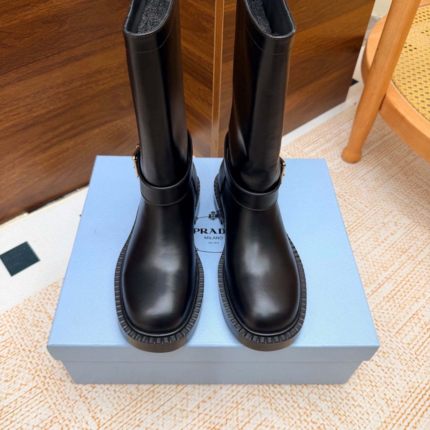 Prada 26s Ankle Riding Boots Black Leather 974556