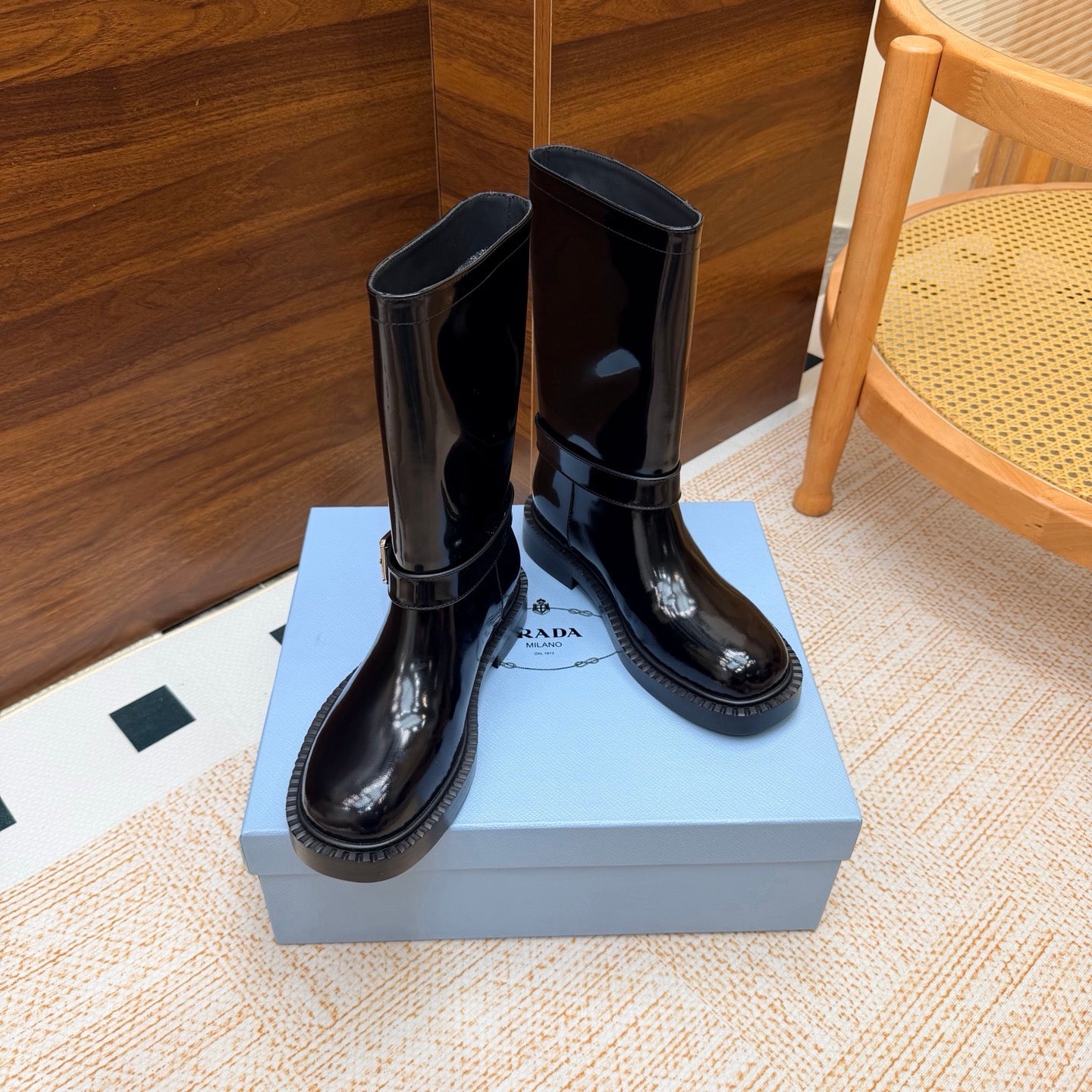Prada 26s Ankle Riding Boots Black Glossy Leather 974557
