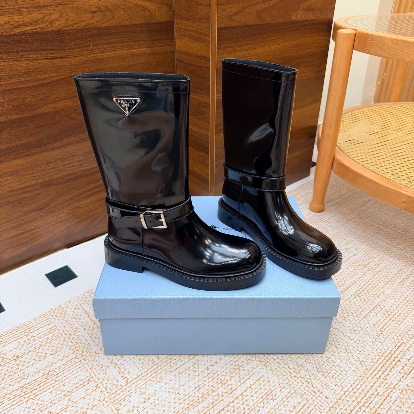 Prada 26s Ankle Riding Boots Black Glossy Leather 974557