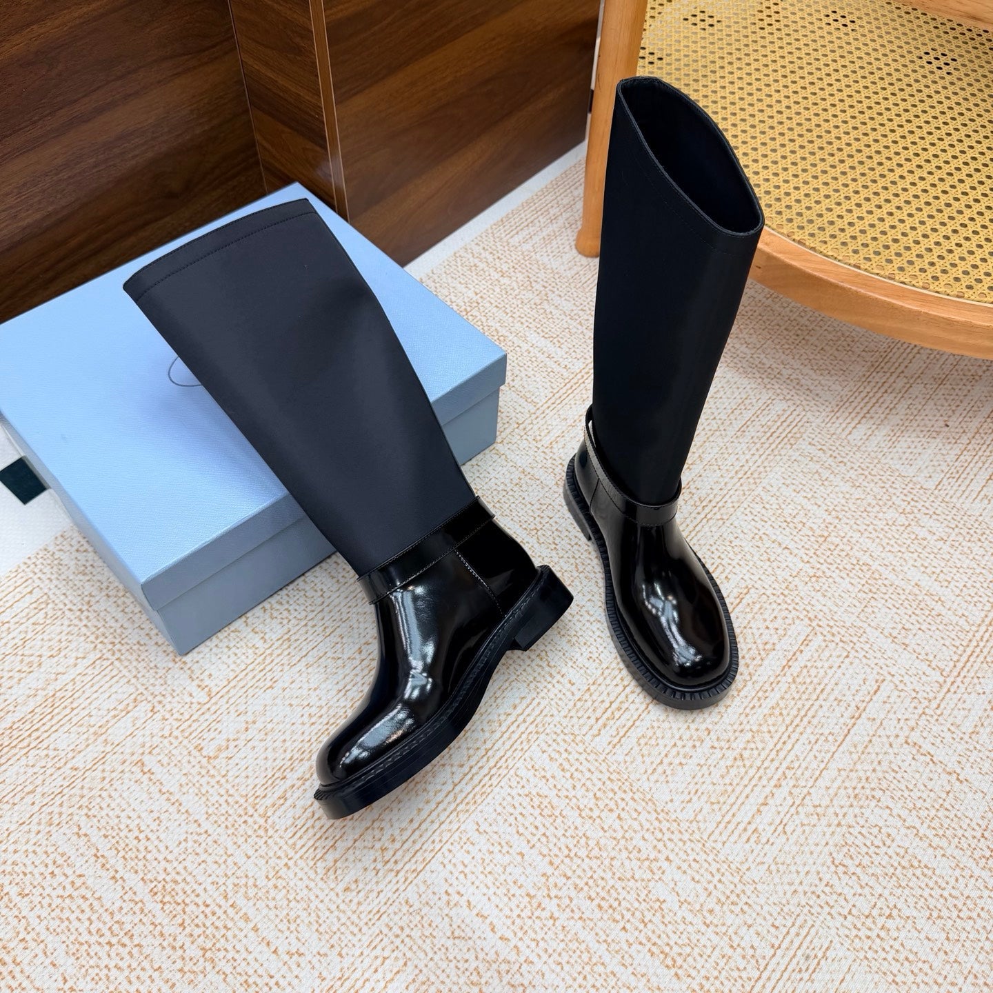 Prada 26s Knee-High Riding Boots Black Re-Nylon Leather 974558