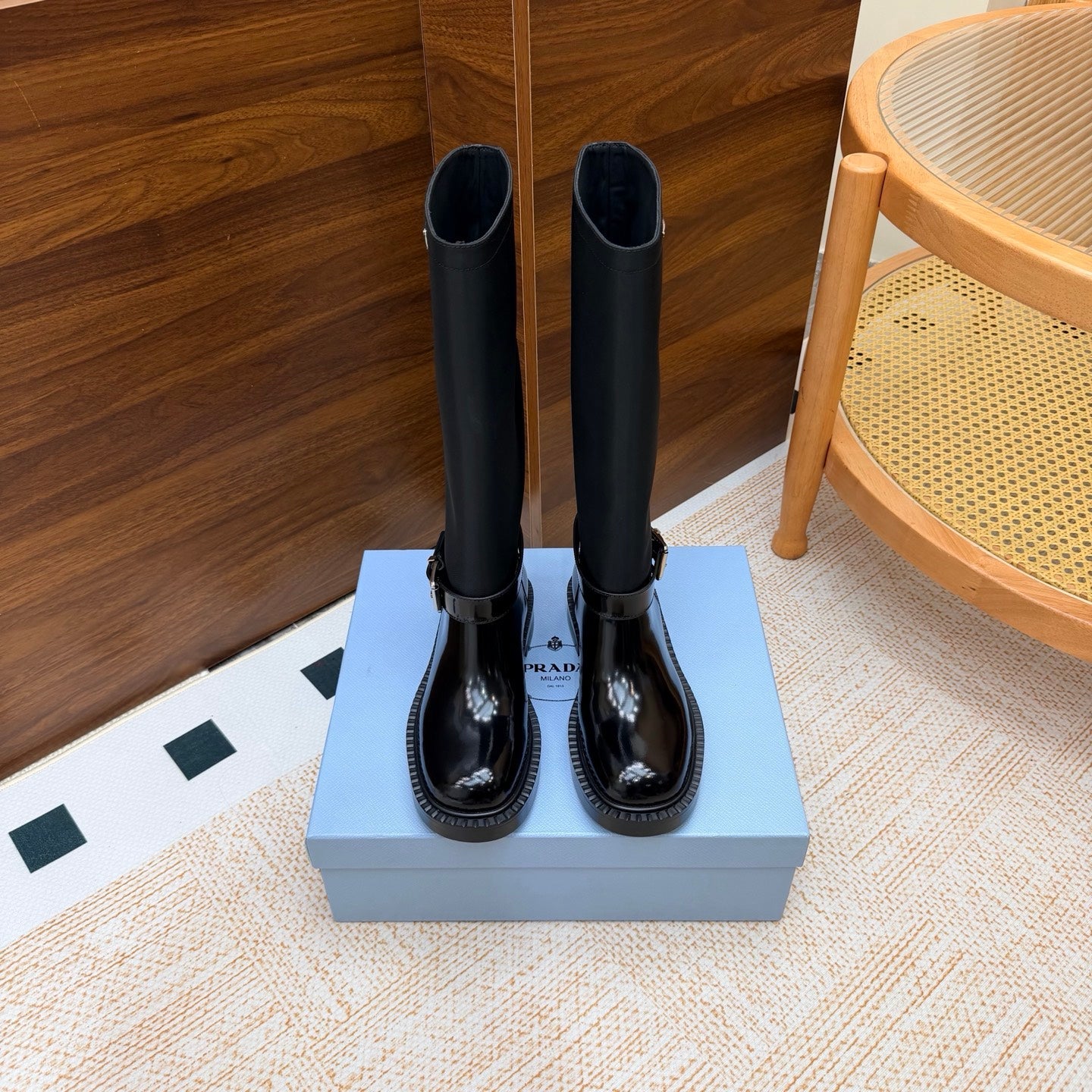 Prada 26s Knee-High Riding Boots Black Re-Nylon Leather 974558