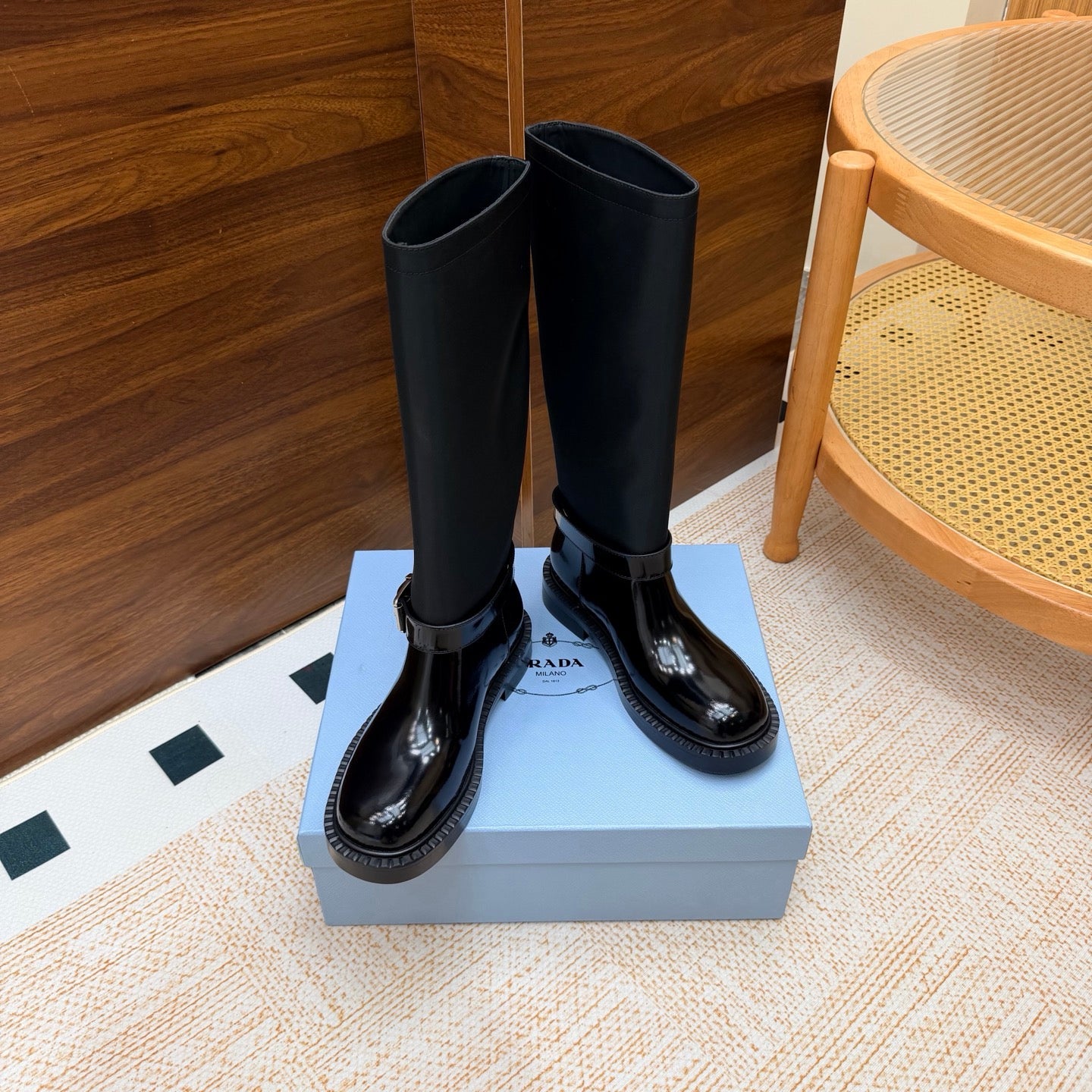 Prada 26s Knee-High Riding Boots Black Re-Nylon Leather 974558