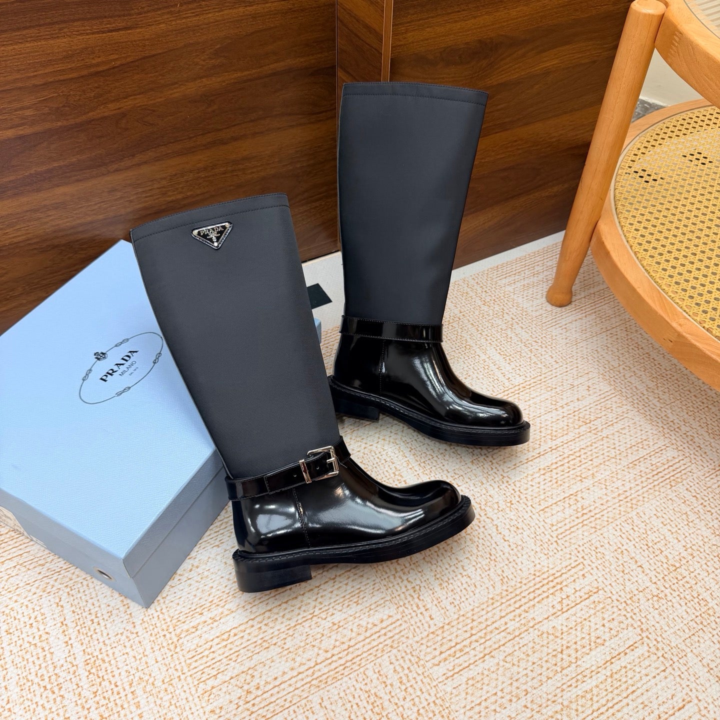 Prada 26s Knee-High Riding Boots Black Re-Nylon Leather 974558