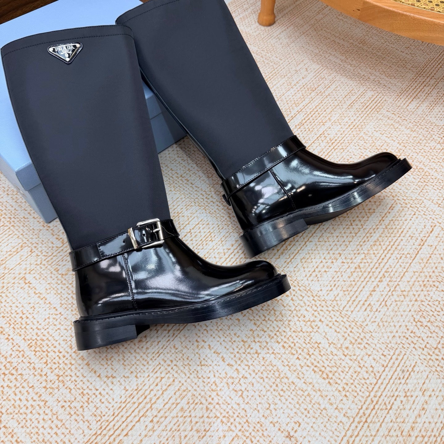 Prada 26s Knee-High Riding Boots Black Re-Nylon Leather 974558