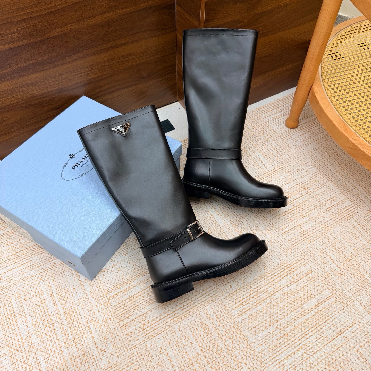 Prada 26s Knee-High Riding Boots Black Leather 974559
