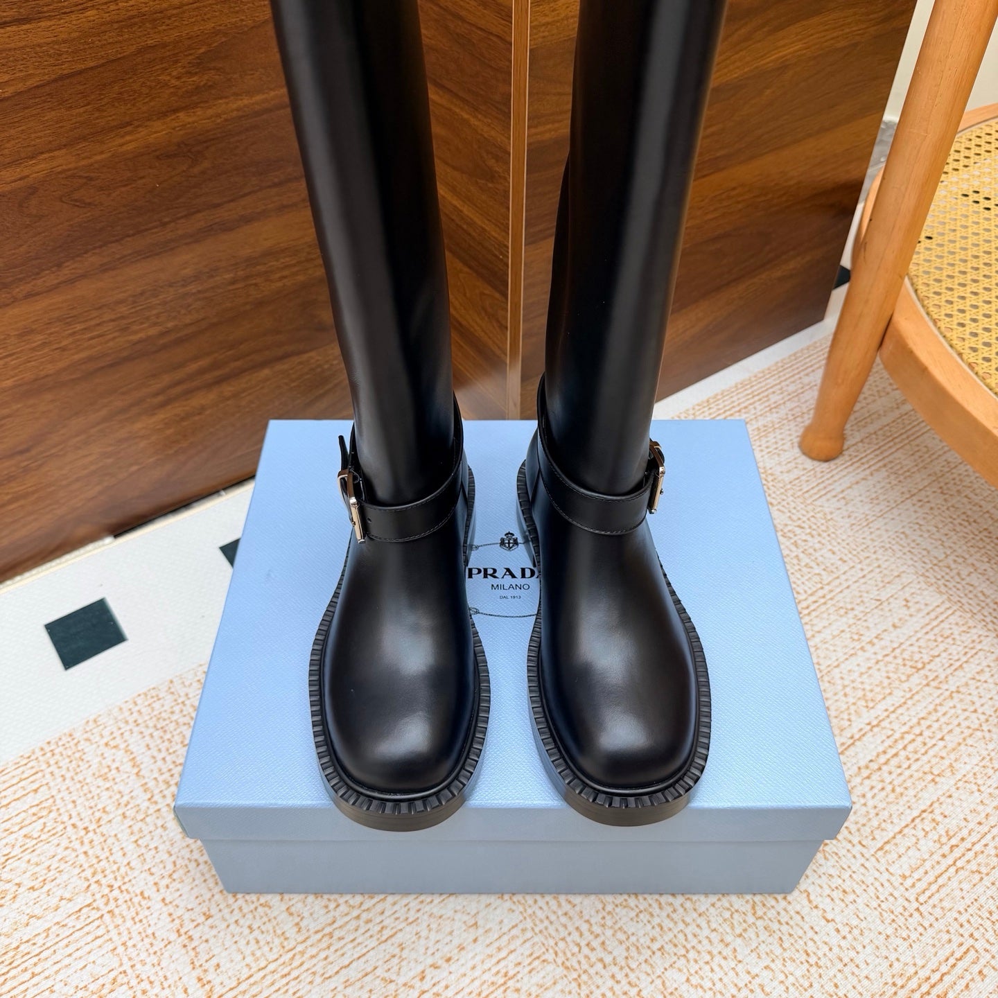 Prada 26s Knee-High Riding Boots Black Leather 974559