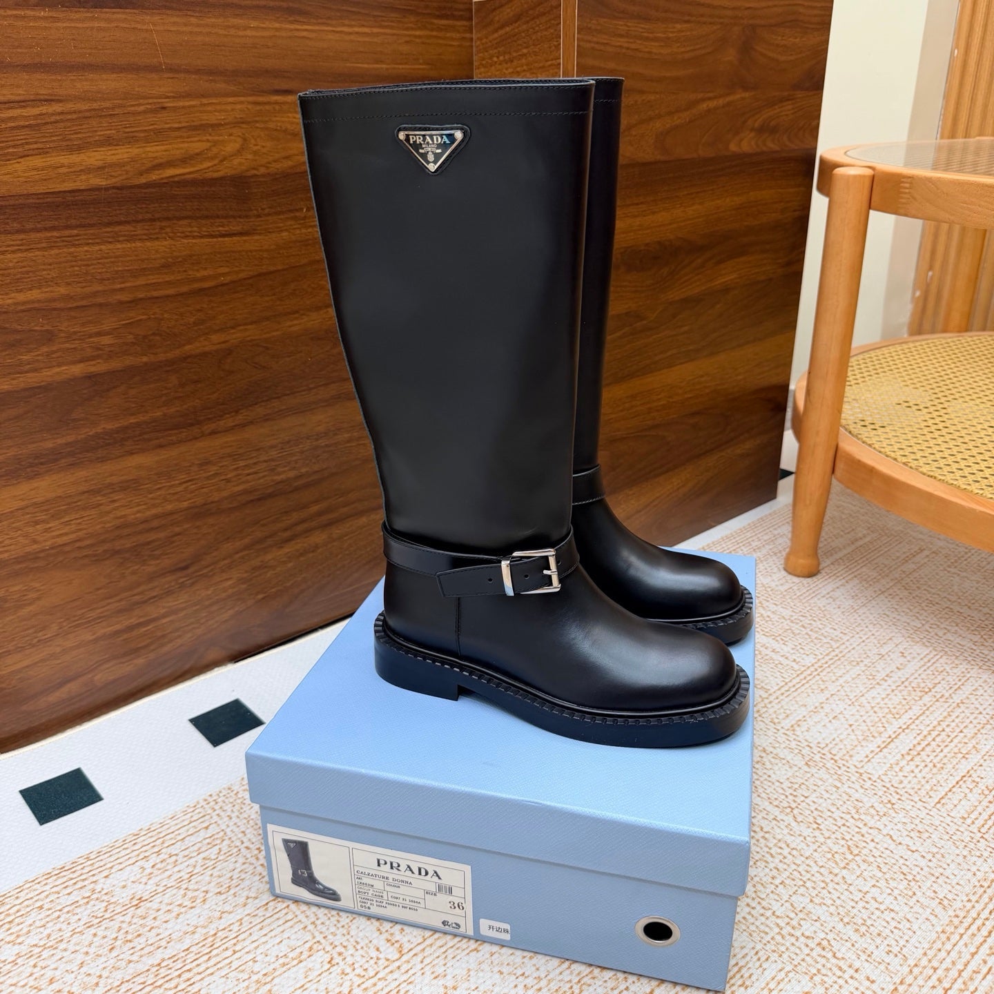 Prada 26s Knee-High Riding Boots Black Leather 974559