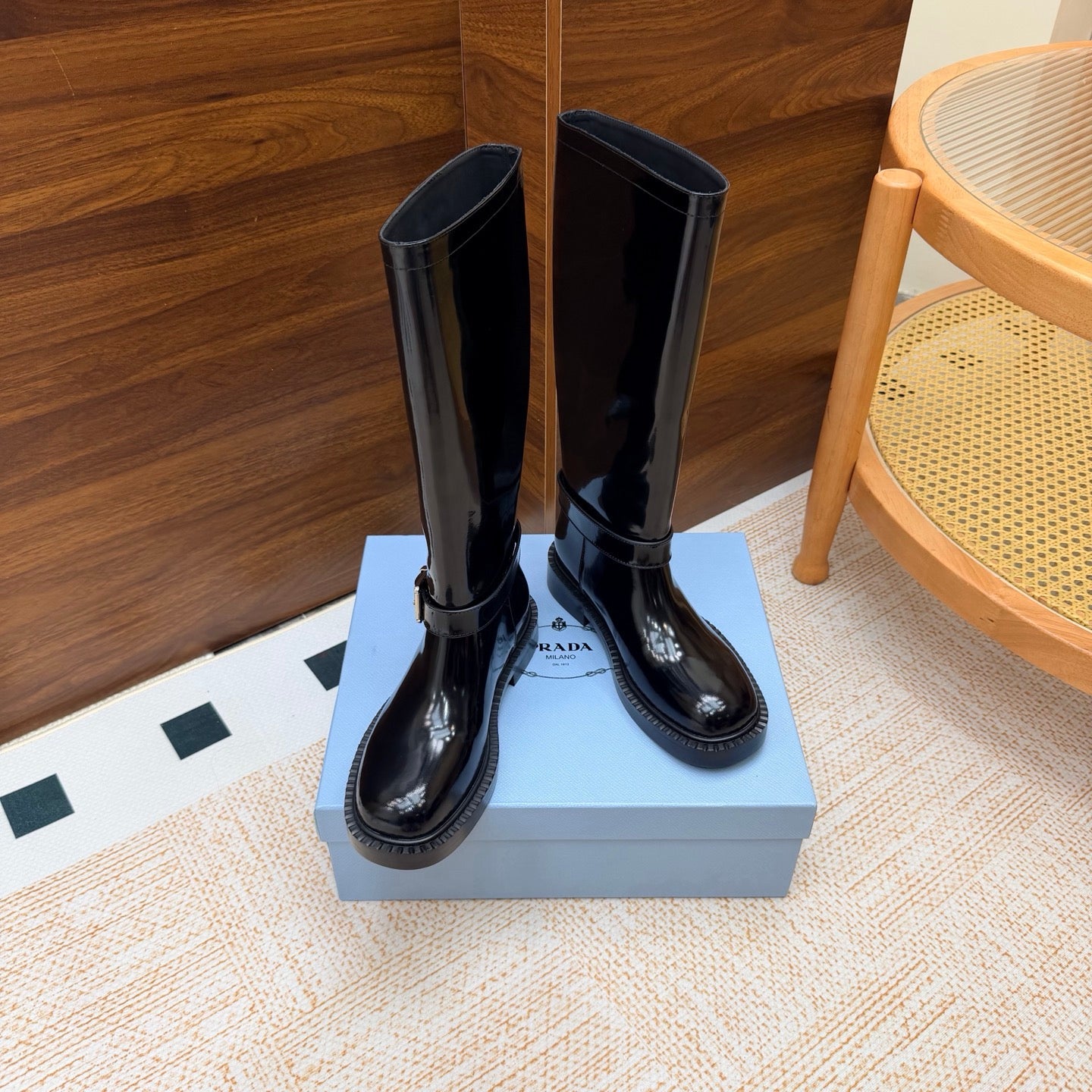 Prada 26s Knee-High Riding Boots Black Glossy Leather 974560