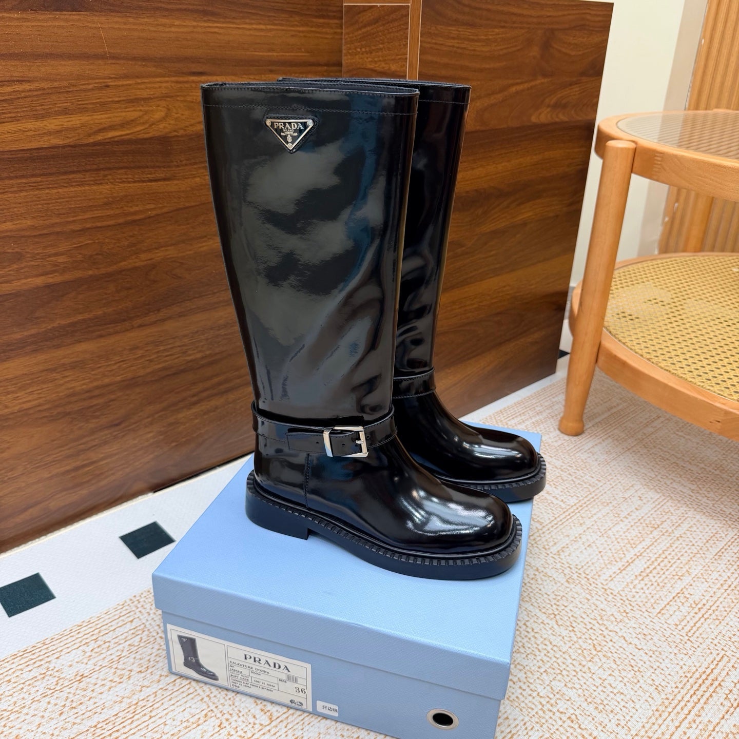 Prada 26s Knee-High Riding Boots Black Glossy Leather 974560