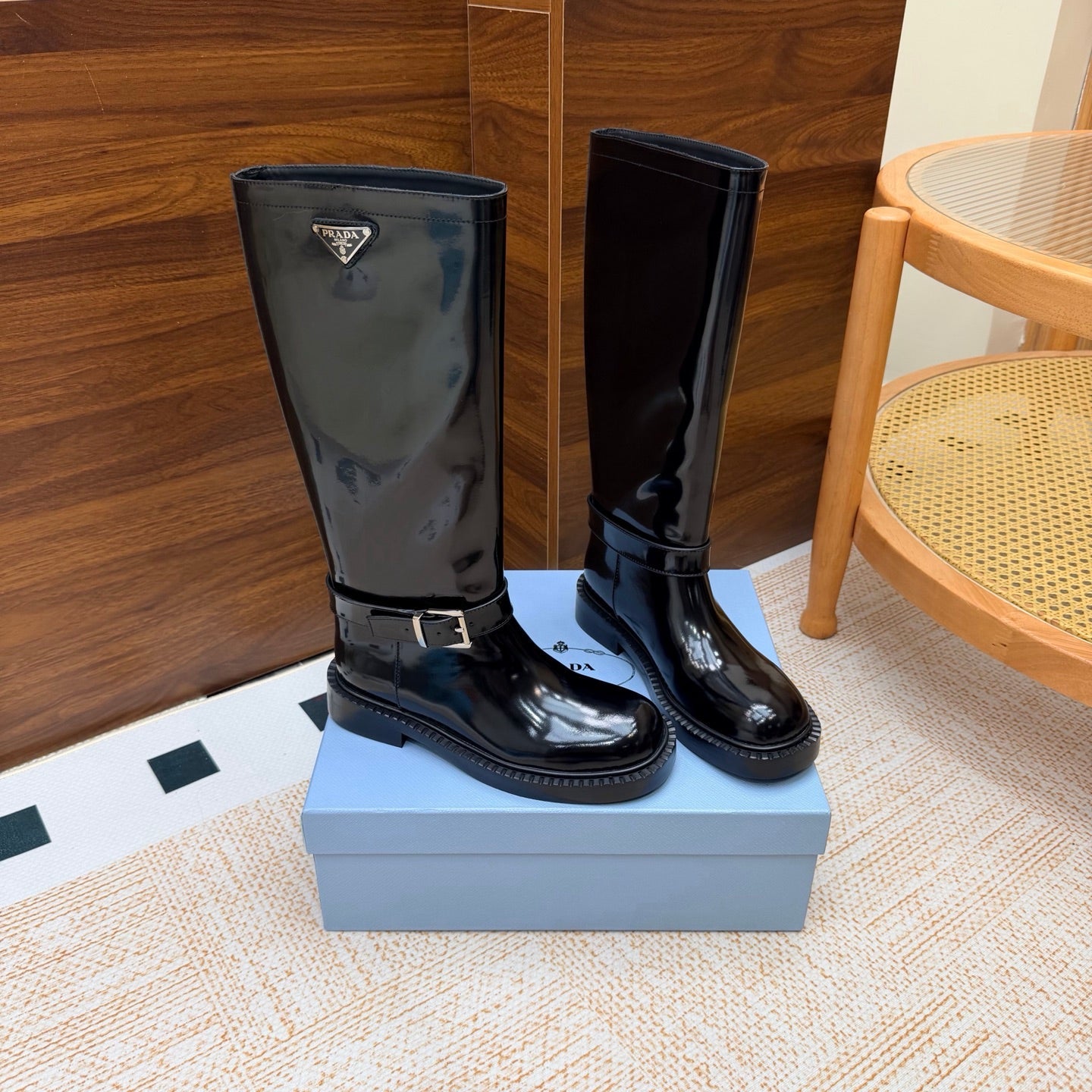 Prada 26s Knee-High Riding Boots Black Glossy Leather 974560