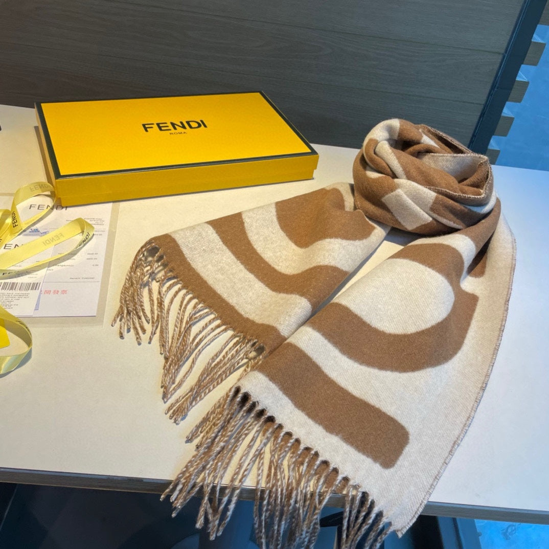 FF 185 Cm Scarf In Caramel Brown Mix White Cashmere And Wool