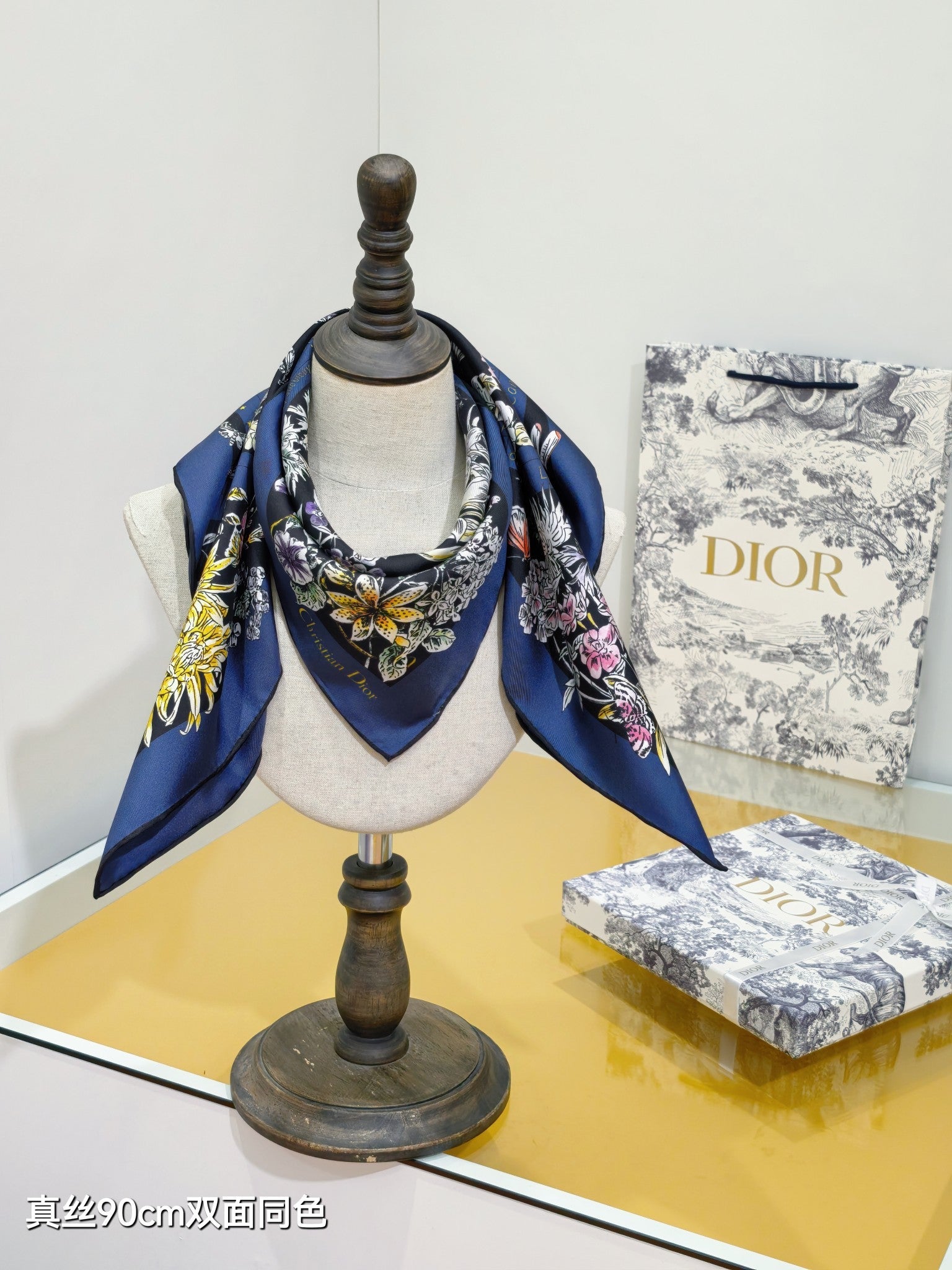 CD Astral Flowers Scarf 90x90 Navy Blue Colorful Twill Silk 219473