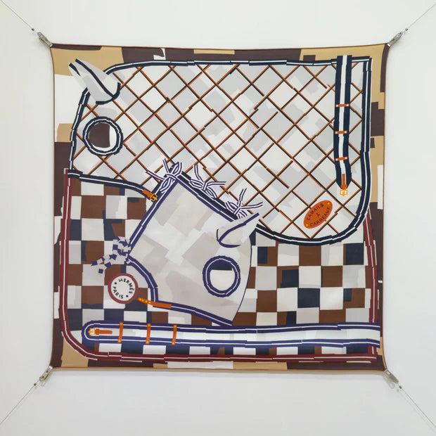 HM 26s Horse Scarf 90 Navy Blue White Brown Cashmere Silk 134438