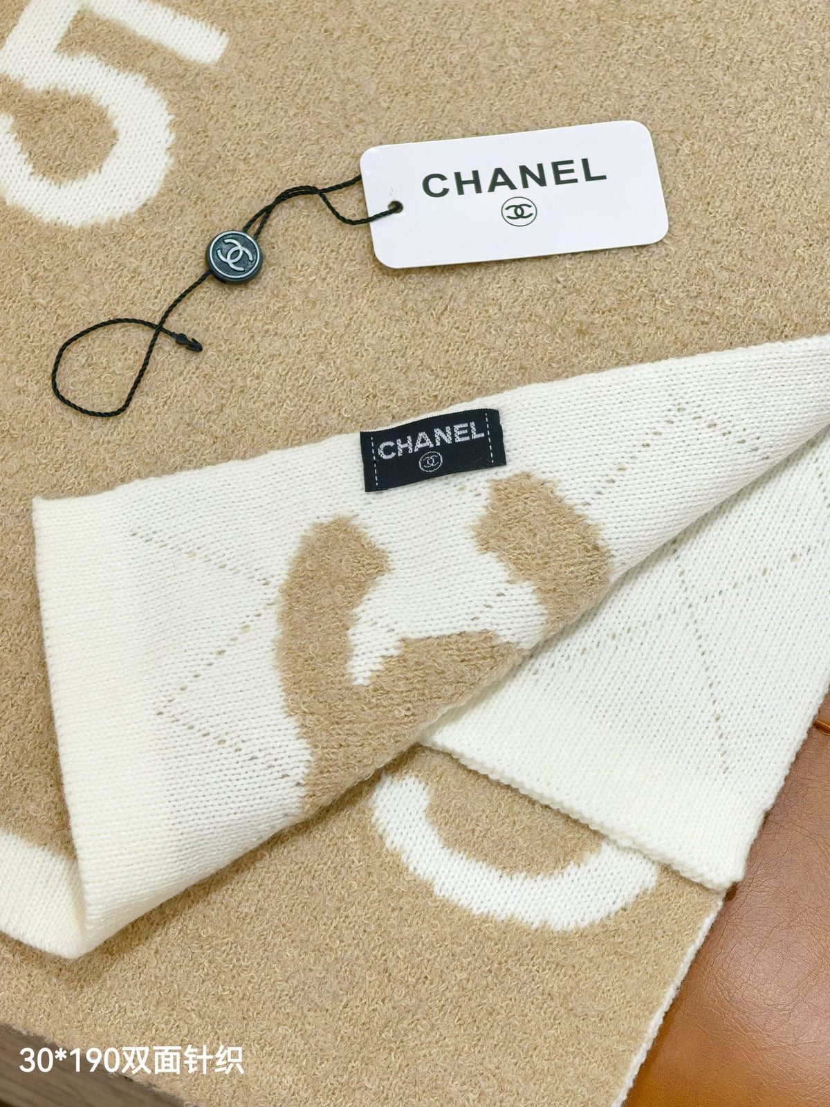 CC 26s Beige White No 5 CC Letter Knitted Scarf 30x190cm 534739