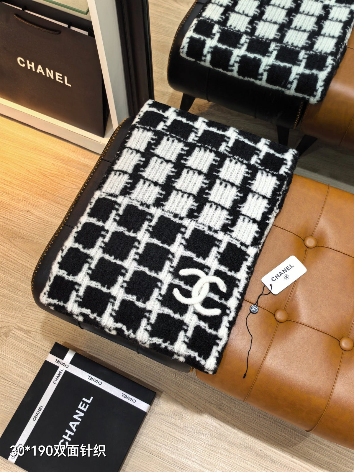 CC 26s Black White Tweed Plaid CC Knitted Scarf 30x190cm 534740