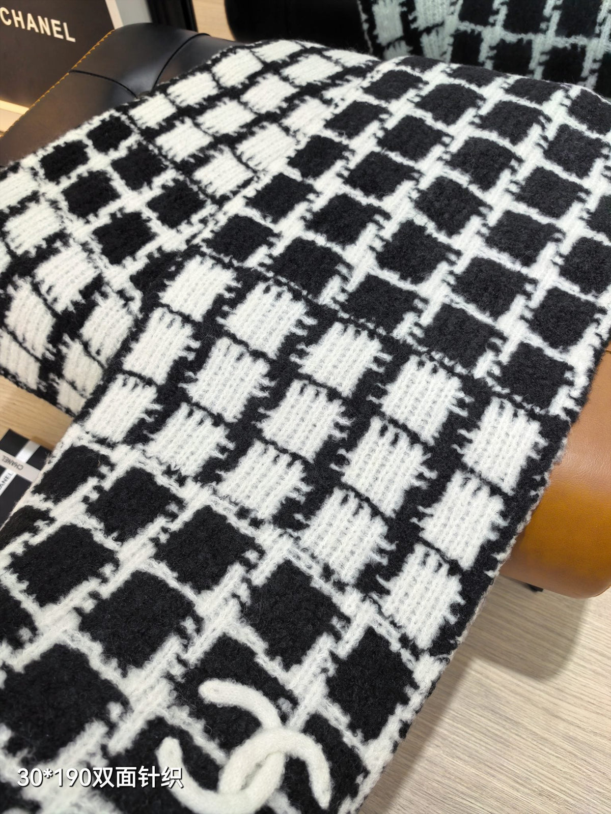 CC 26s Black White Tweed Plaid CC Knitted Scarf 30x190cm 534740
