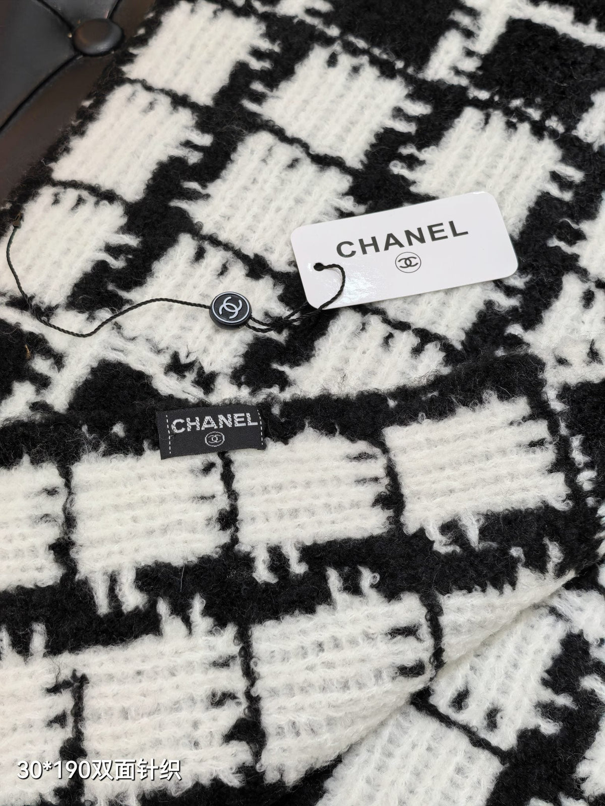 CC 26s Black White Tweed Plaid CC Knitted Scarf 30x190cm 534740