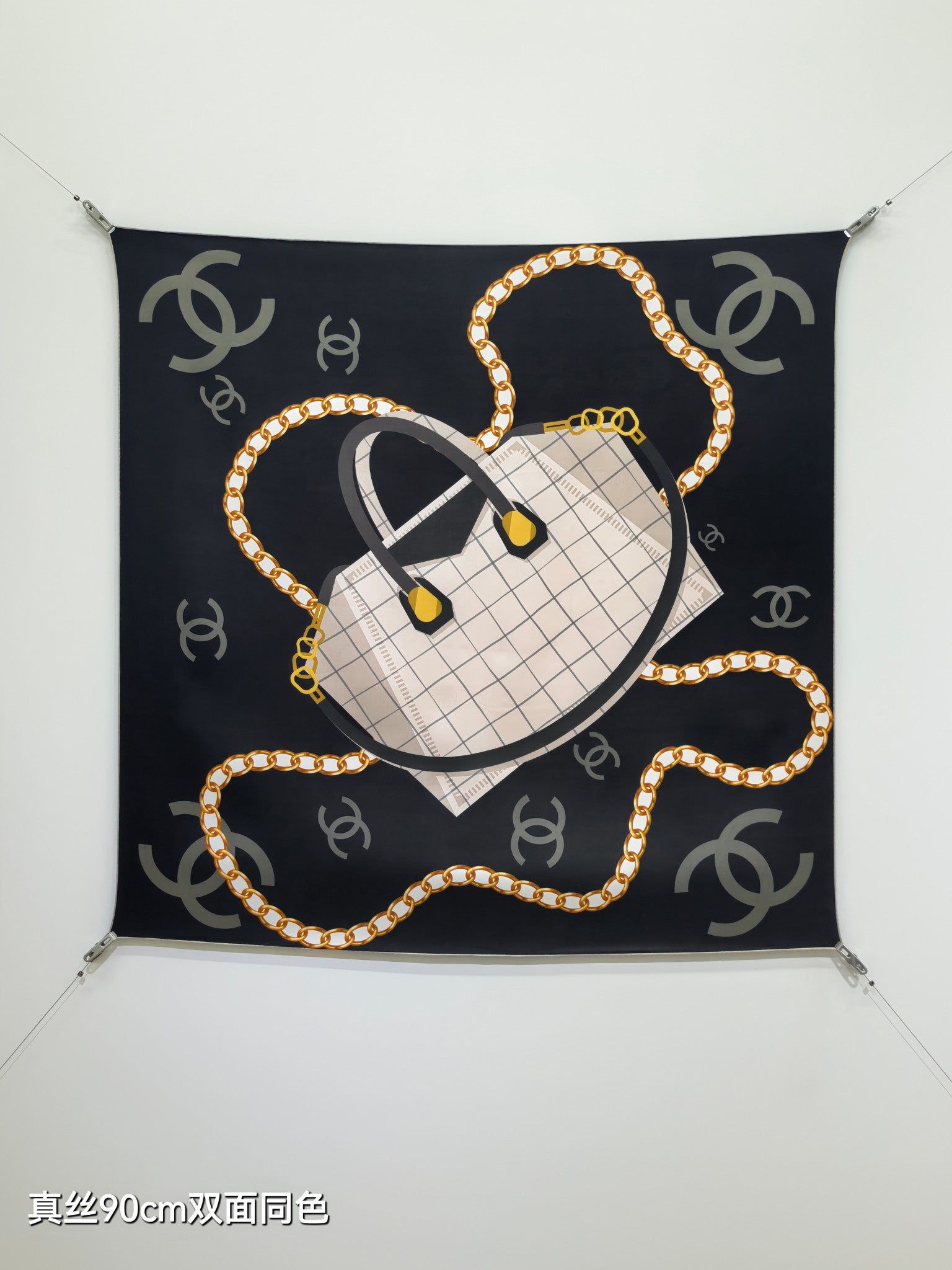 CC 26s Handbag Printed Scarf 90x90 Black Twill Silk 212059