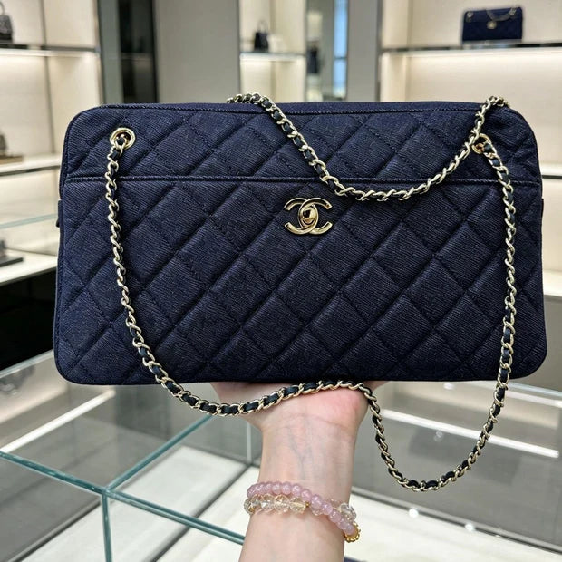Chanel 2026 Double-chain Bowling Bag 33cm Blue Denim Leather