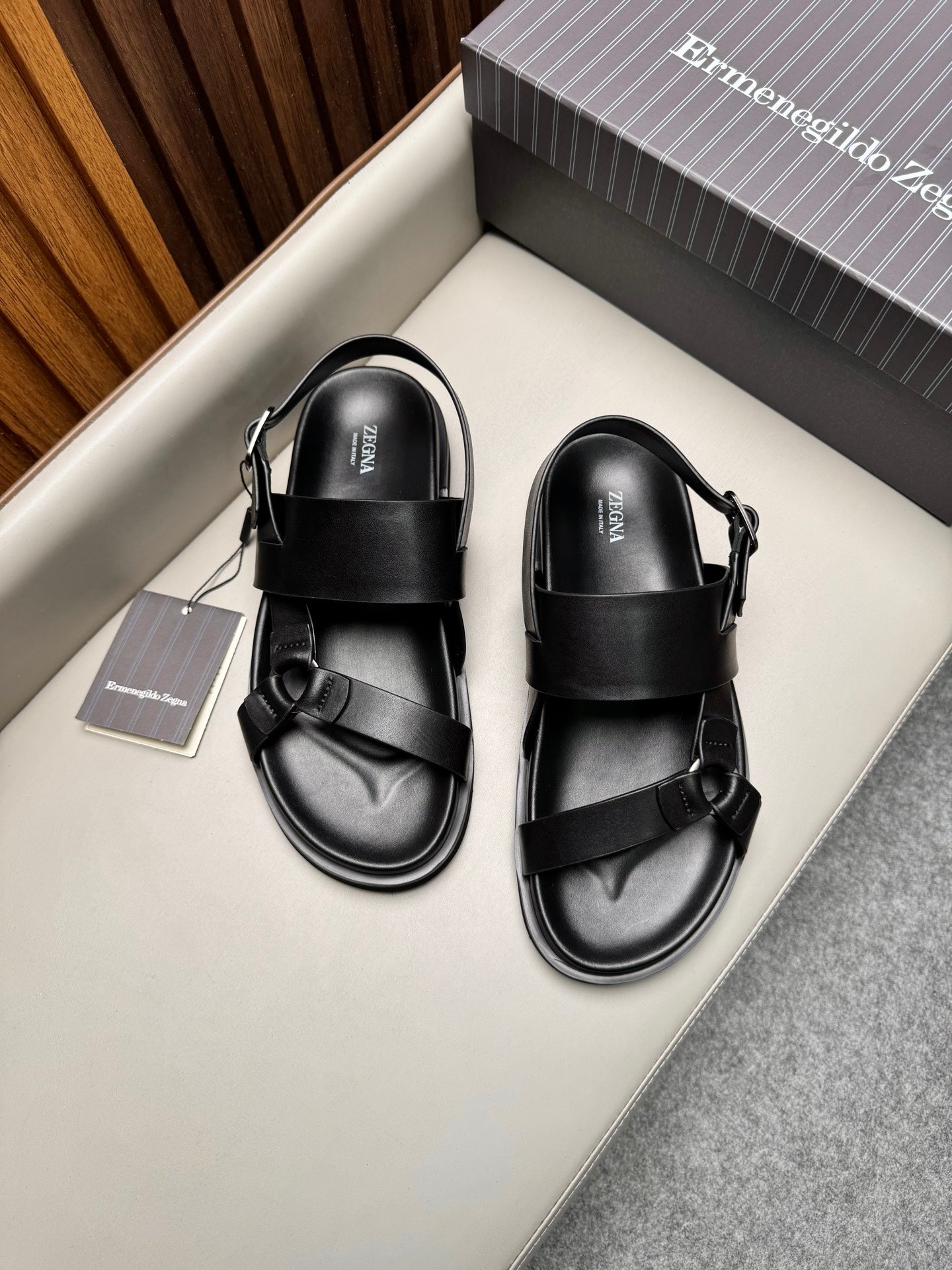 Zegna Men’s Sandals Black Glossy Calfskin 175817
