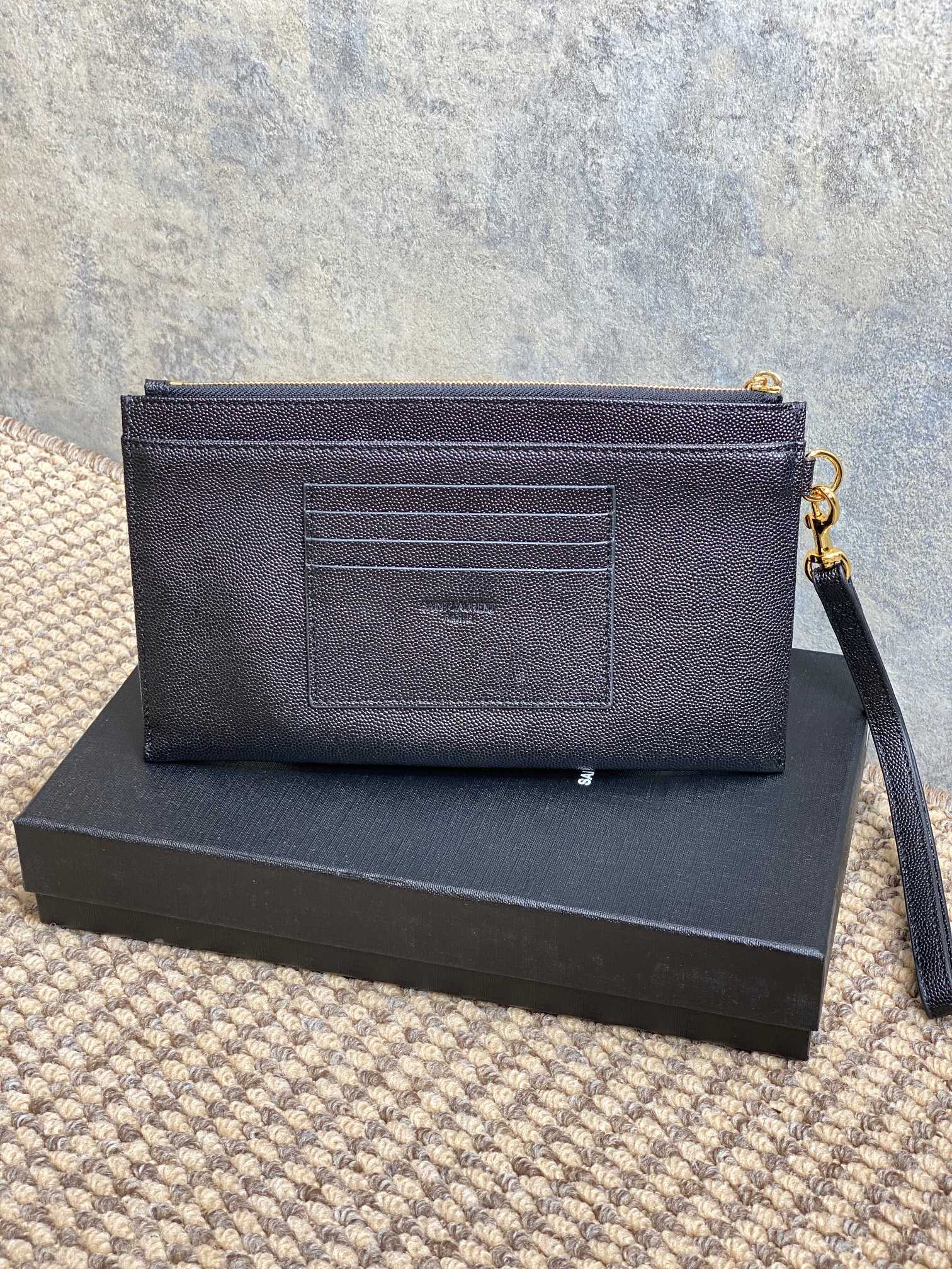 YSL Gold Hardware Logo Zipper Clutch 23cm Black Caviar Cowhide
