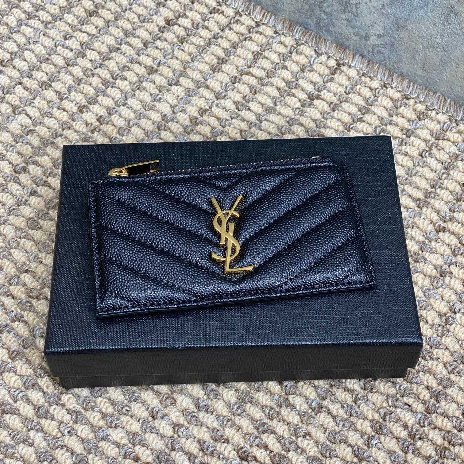 YSL Zip Coin Case With Card Black Caviar Cowhide GHW